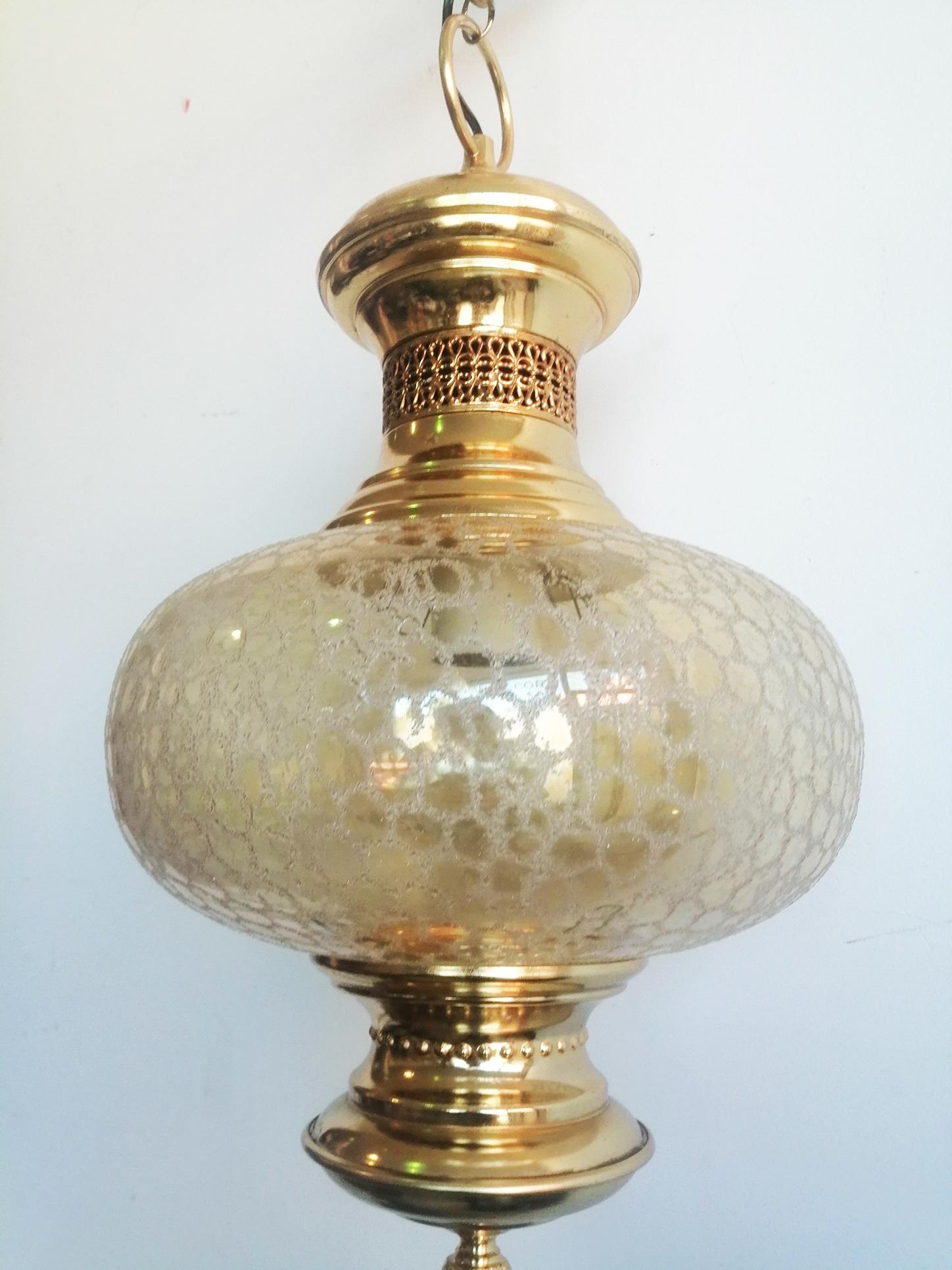 Pendants Lamps Lanterns Crystal Globe, Pair Brass Gold Spain Mid 20th Century 8