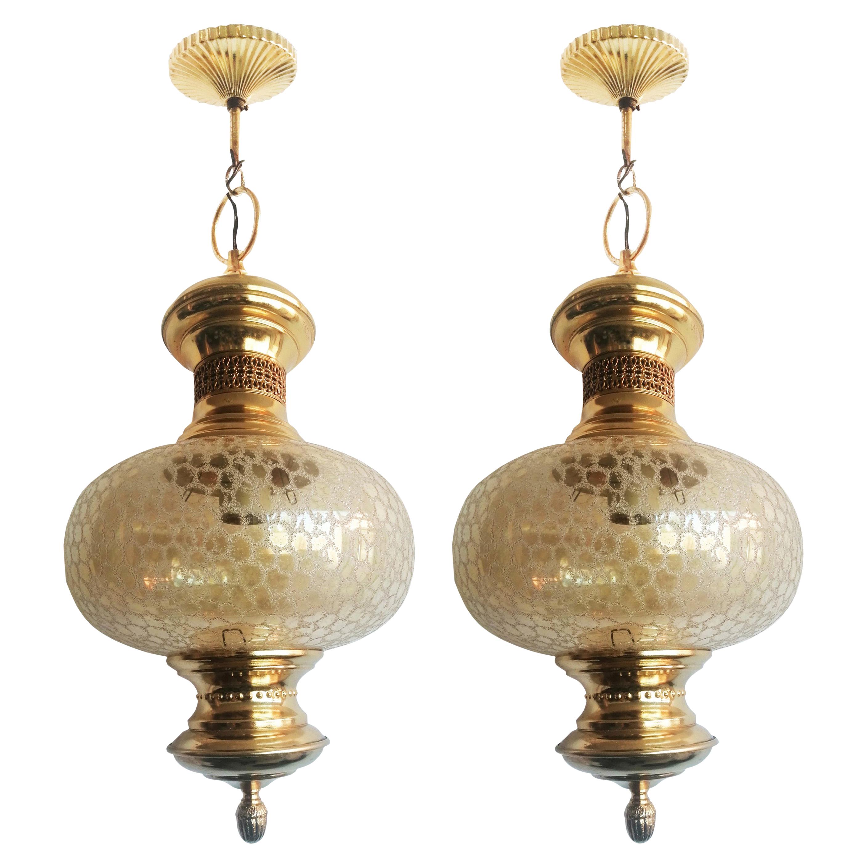 Spanish Pendants Lamps Lanterns Crystal Globe, Pair Brass Gold Spain Mid 20th Century