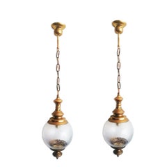 Pair of Brass Lantern and Engraved Crystal Globe, Italy, 1950s.Small Size 20cm