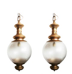 Pair Brass Lantern and Engraved Crystal Globe, Mid 20th Century 1950s