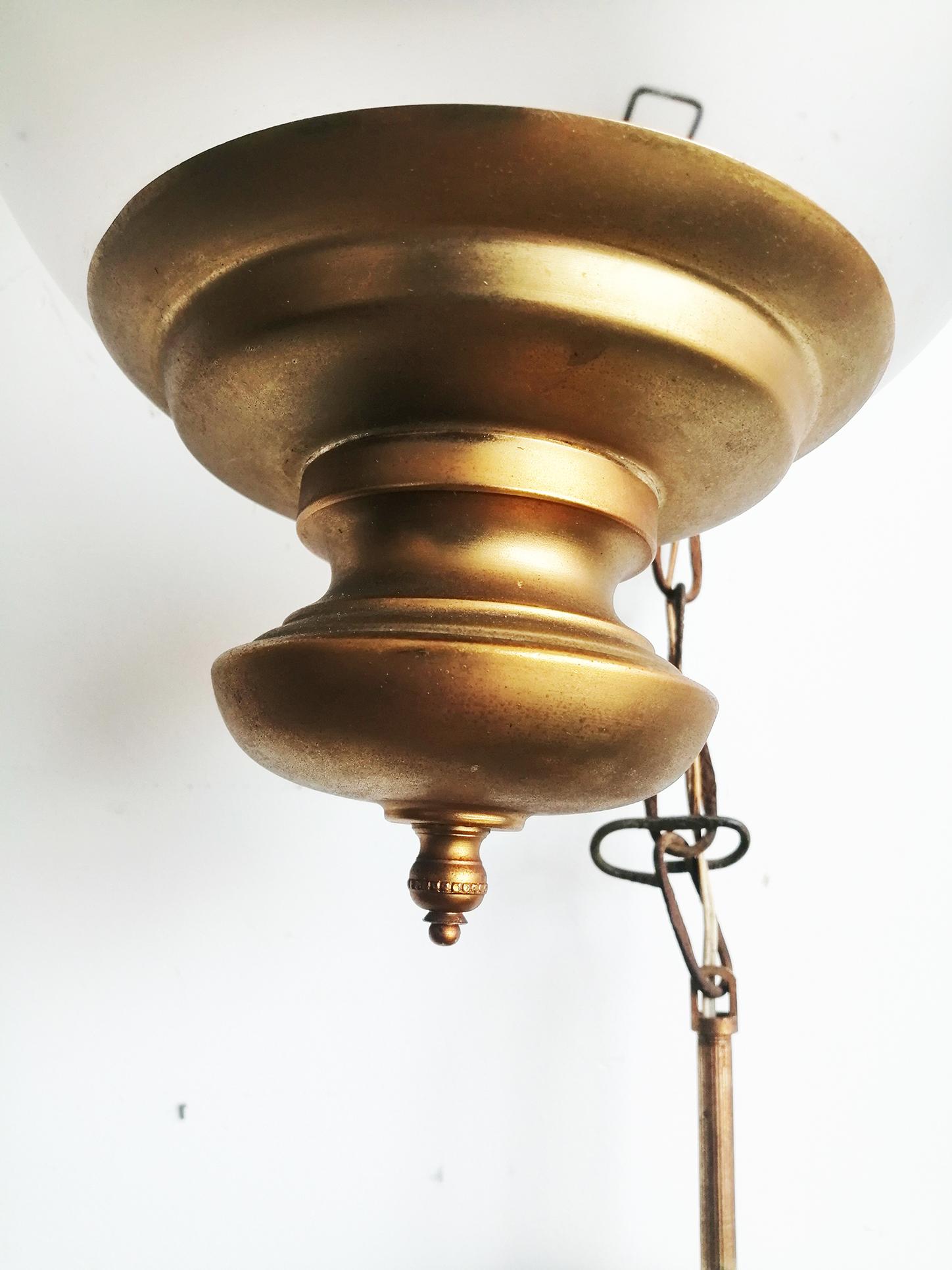 Mid-Century Modern  Pair Brass Lantern and Engraved Crystal Globe, Mid 20th Century 1950s