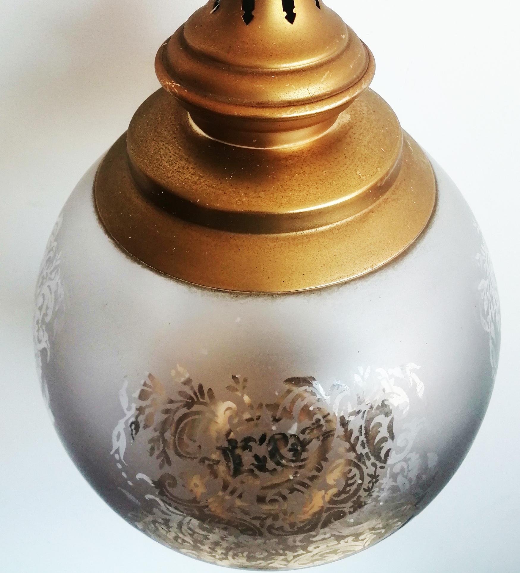 Italian  Pair Brass Lantern and Engraved Crystal Globe, Mid 20th Century 1950s