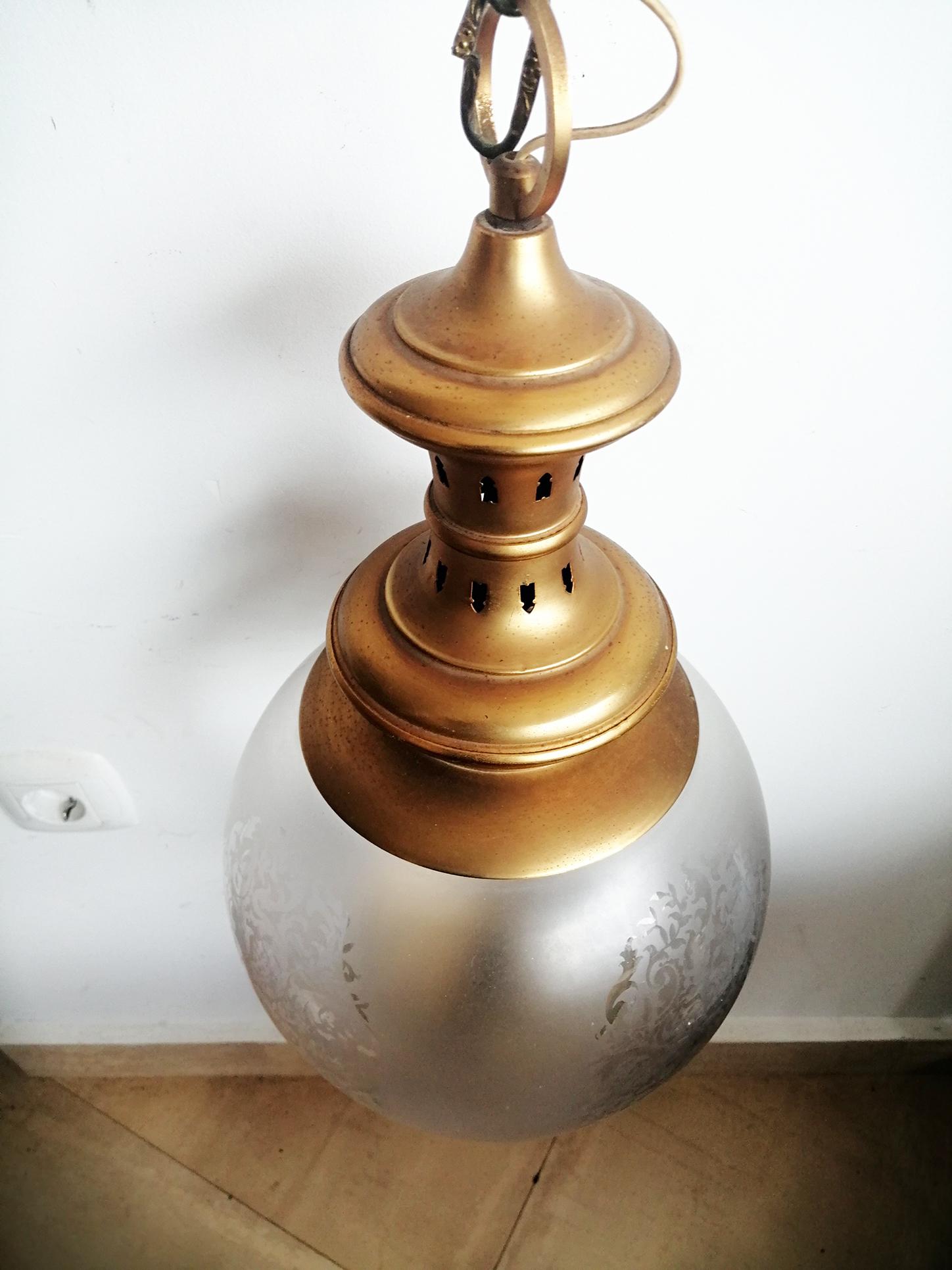  Pair Brass Lantern and Engraved Crystal Globe, Mid 20th Century 1950s 2