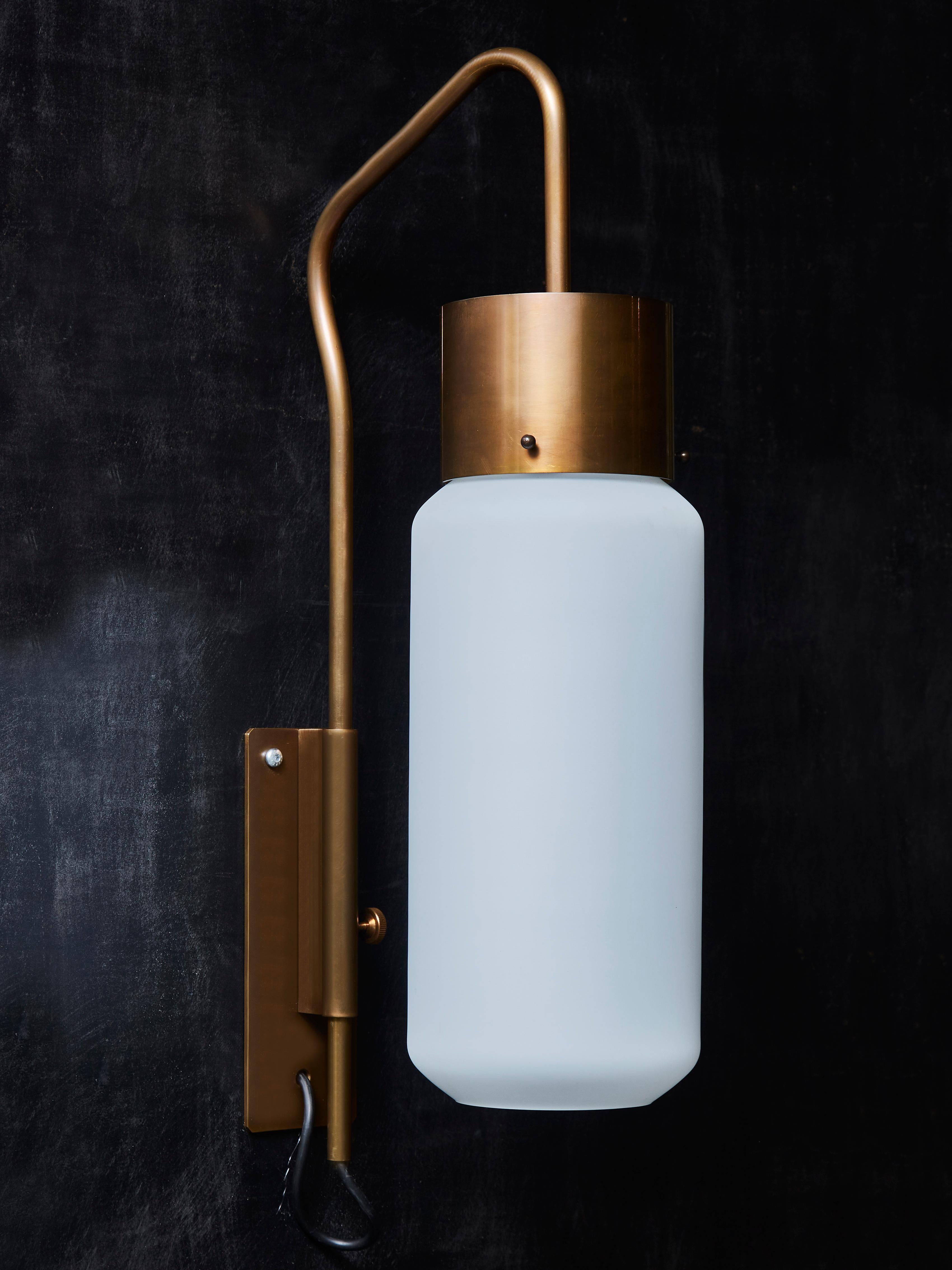 Modern Pair of Brass Lantern Wall Sconces with Opaline Glass For Sale