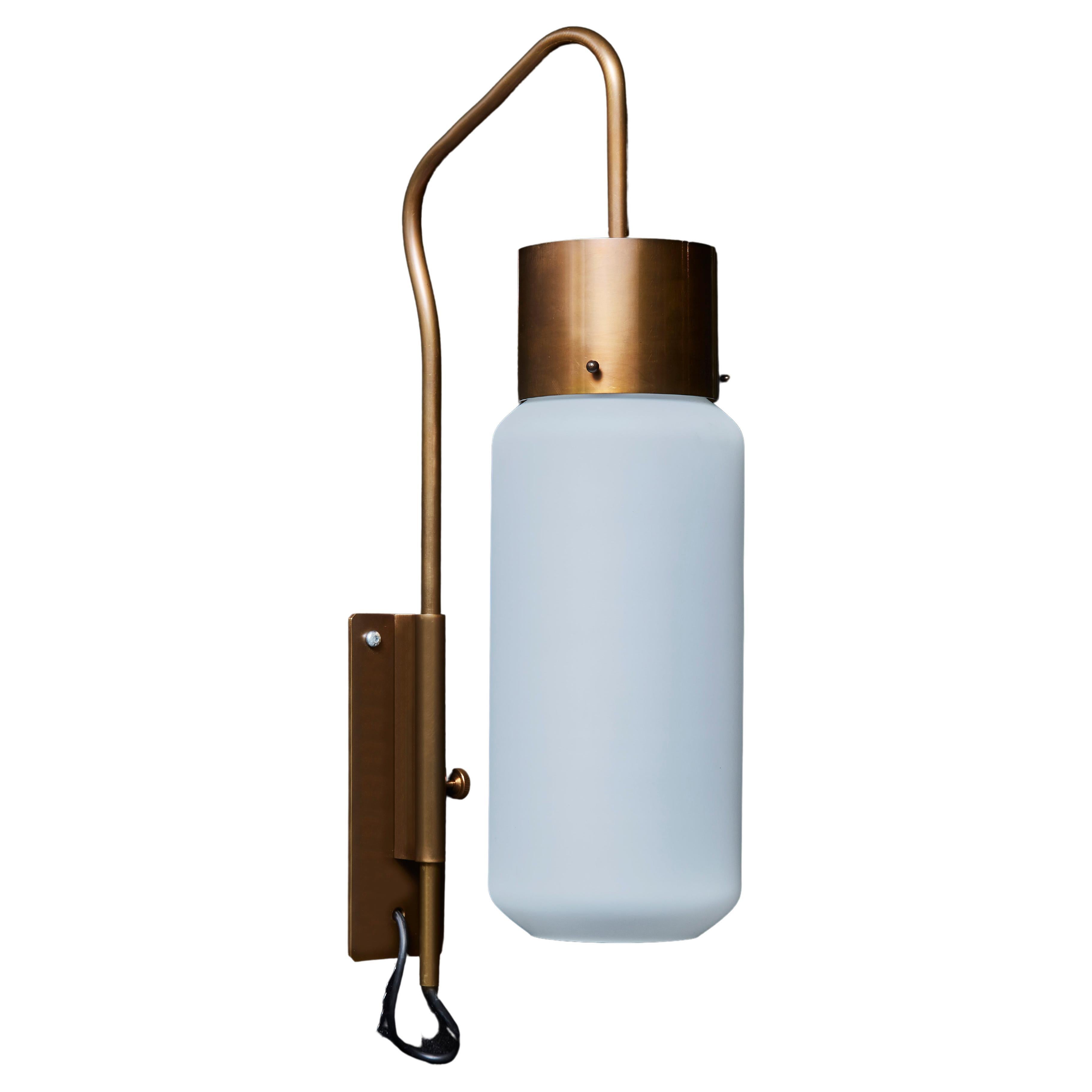 Pair of Brass Lantern Wall Sconces with Opaline Glass