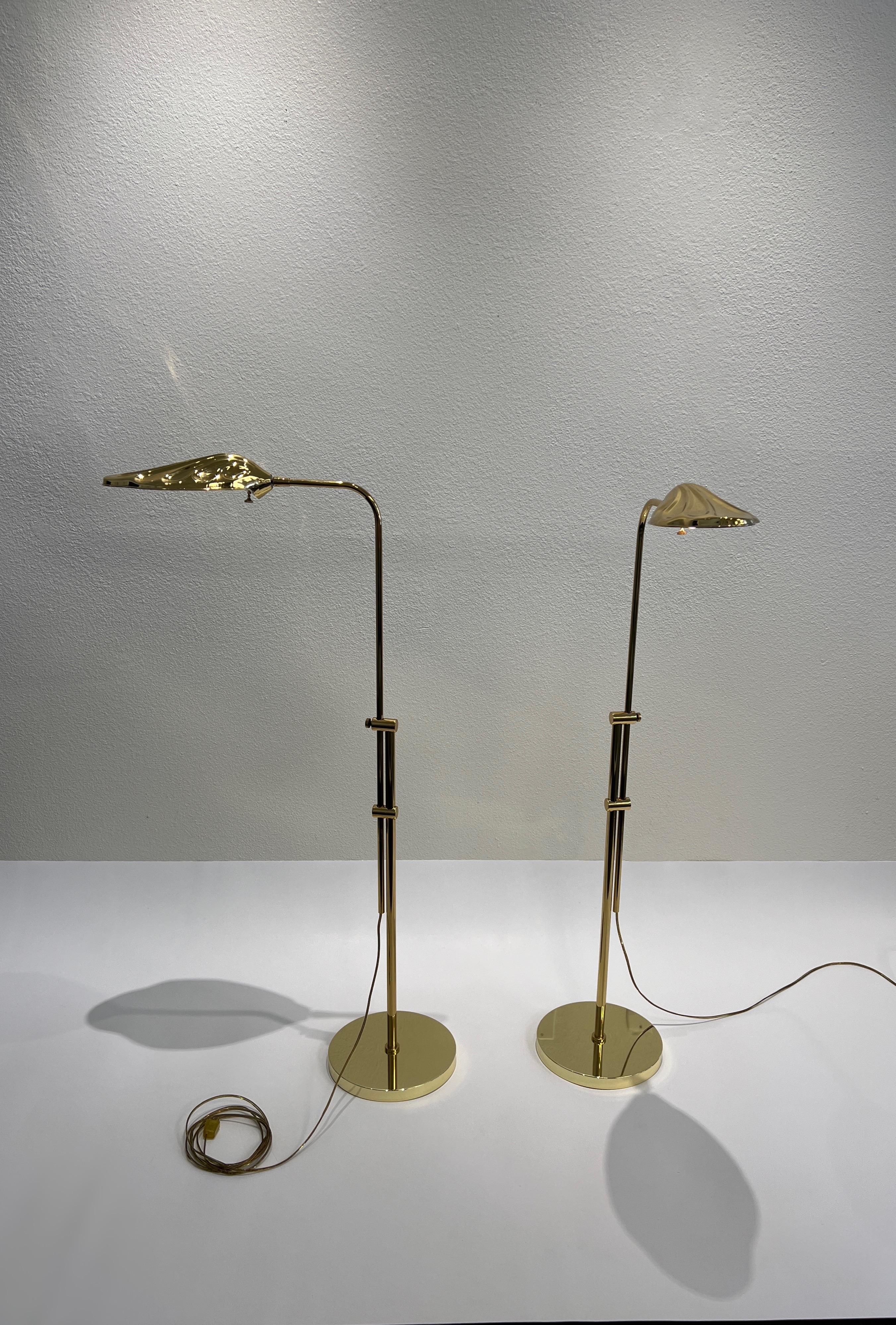 Hollywood Regency Pair of Brass Leaf Adjustable Floor Lamps by Chapman