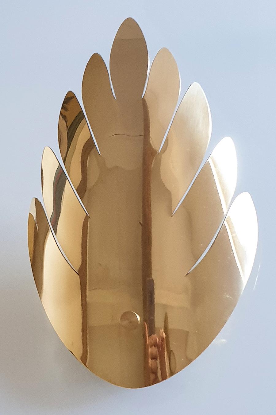 Polished Mid Century Brass Leaf Sconces Maison Jansen Style - a pair