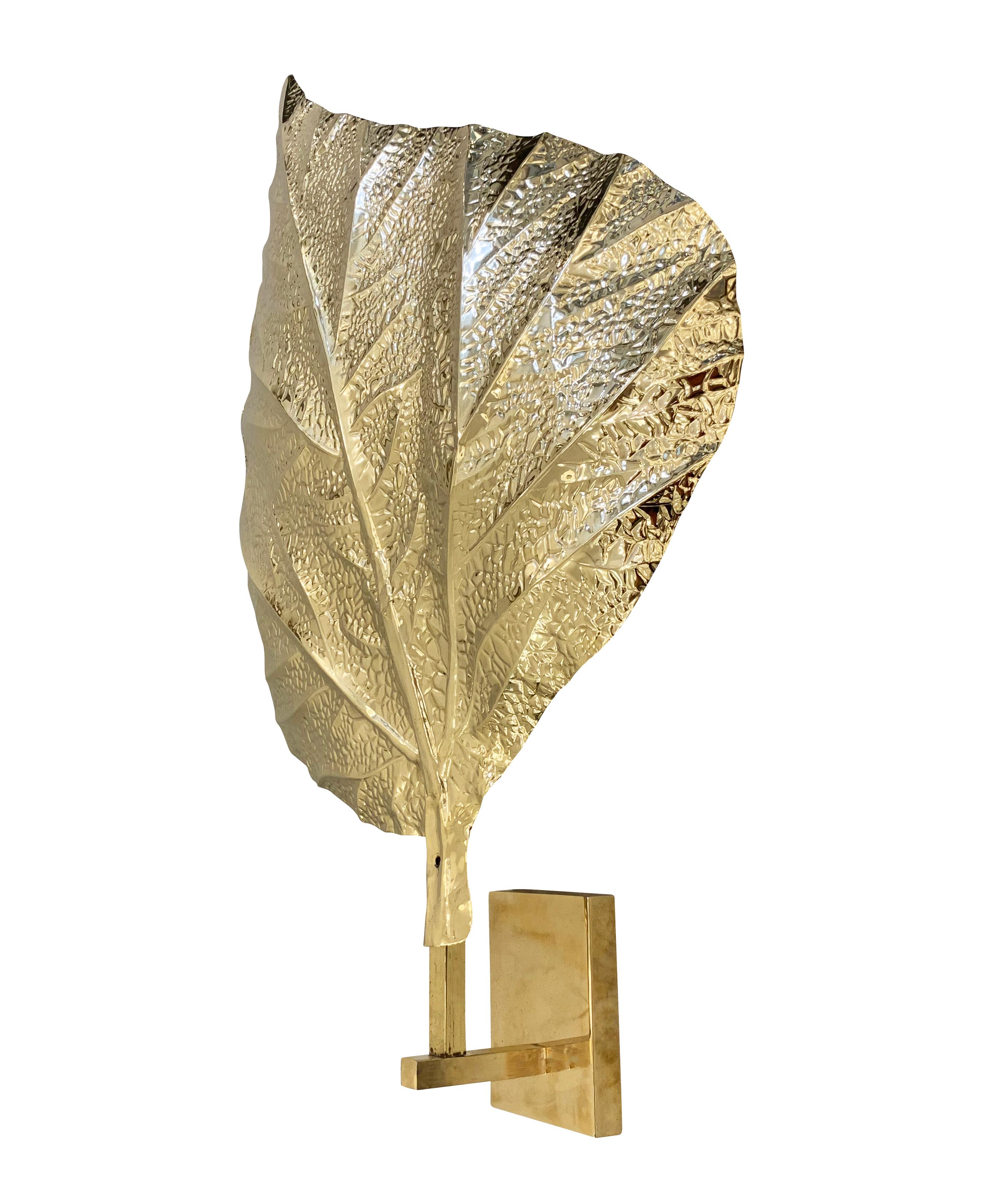 Italian Pair of Brass Leaf Wall Lights by Tommaso Barbi For Sale