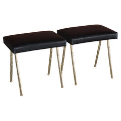 Pair of Brass & Leather Stools by Jacques Adnet, France, 1950s