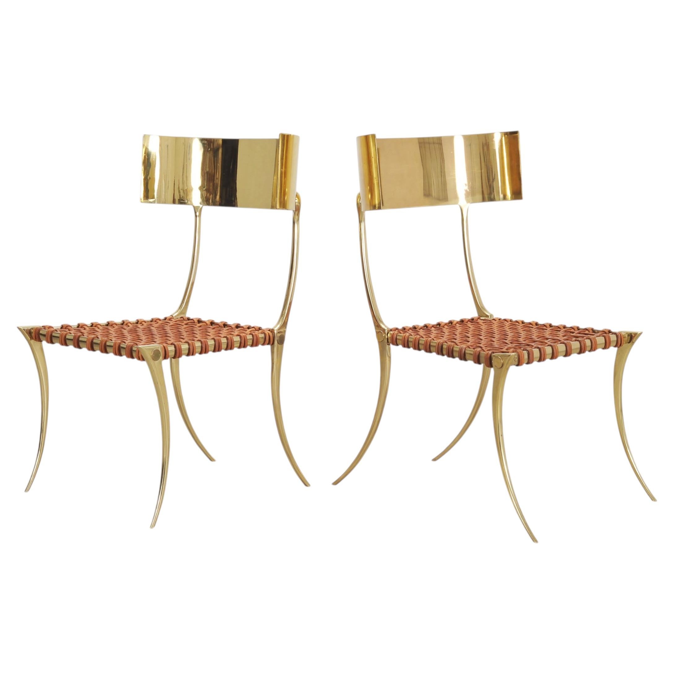 Pair of Brass Leather Strap Klismos Chairs by Sylvan S. F.