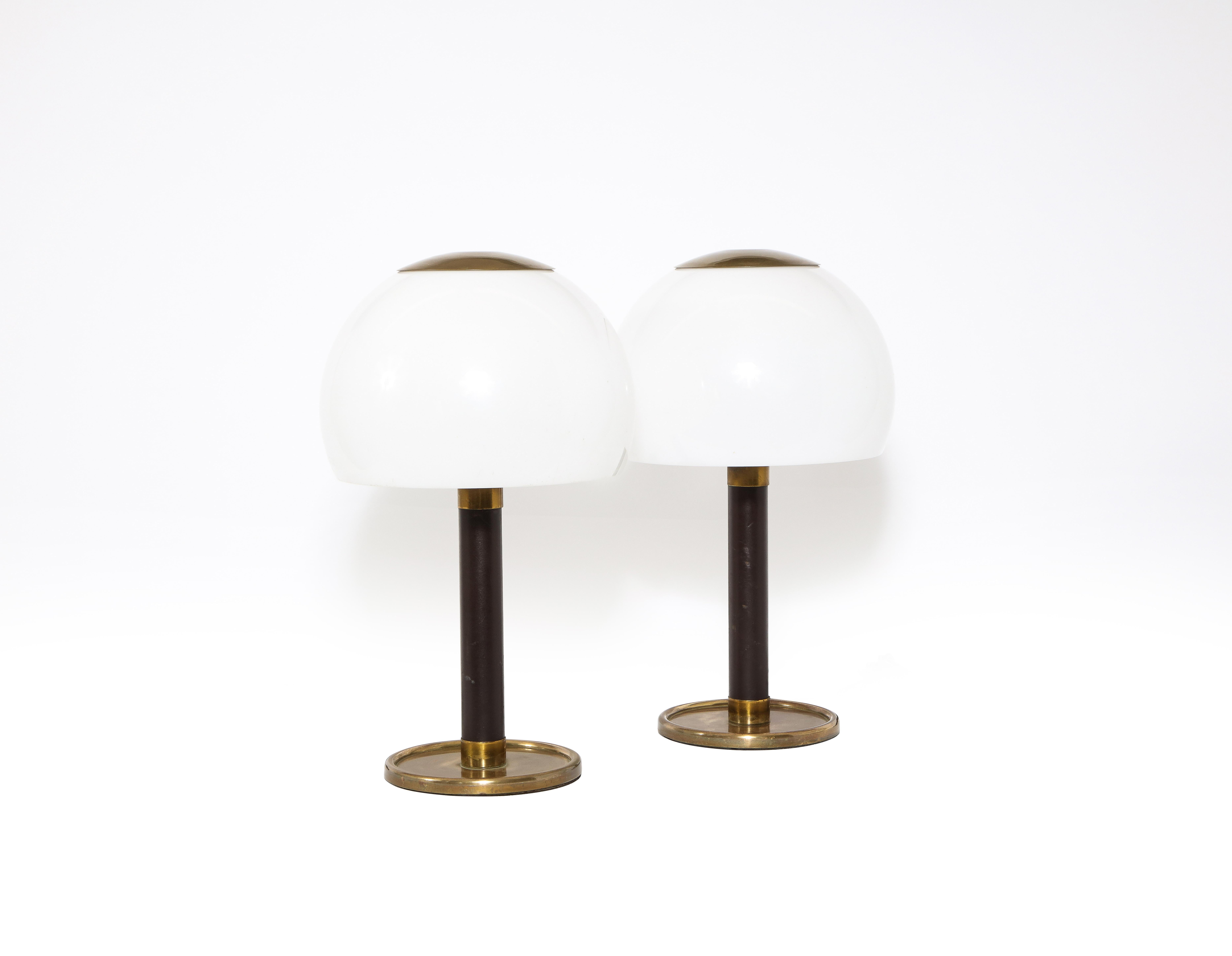 Mid-Century Modern Pair of Brass & Leather Table Lamps by Metalarte, Spain, 1960's