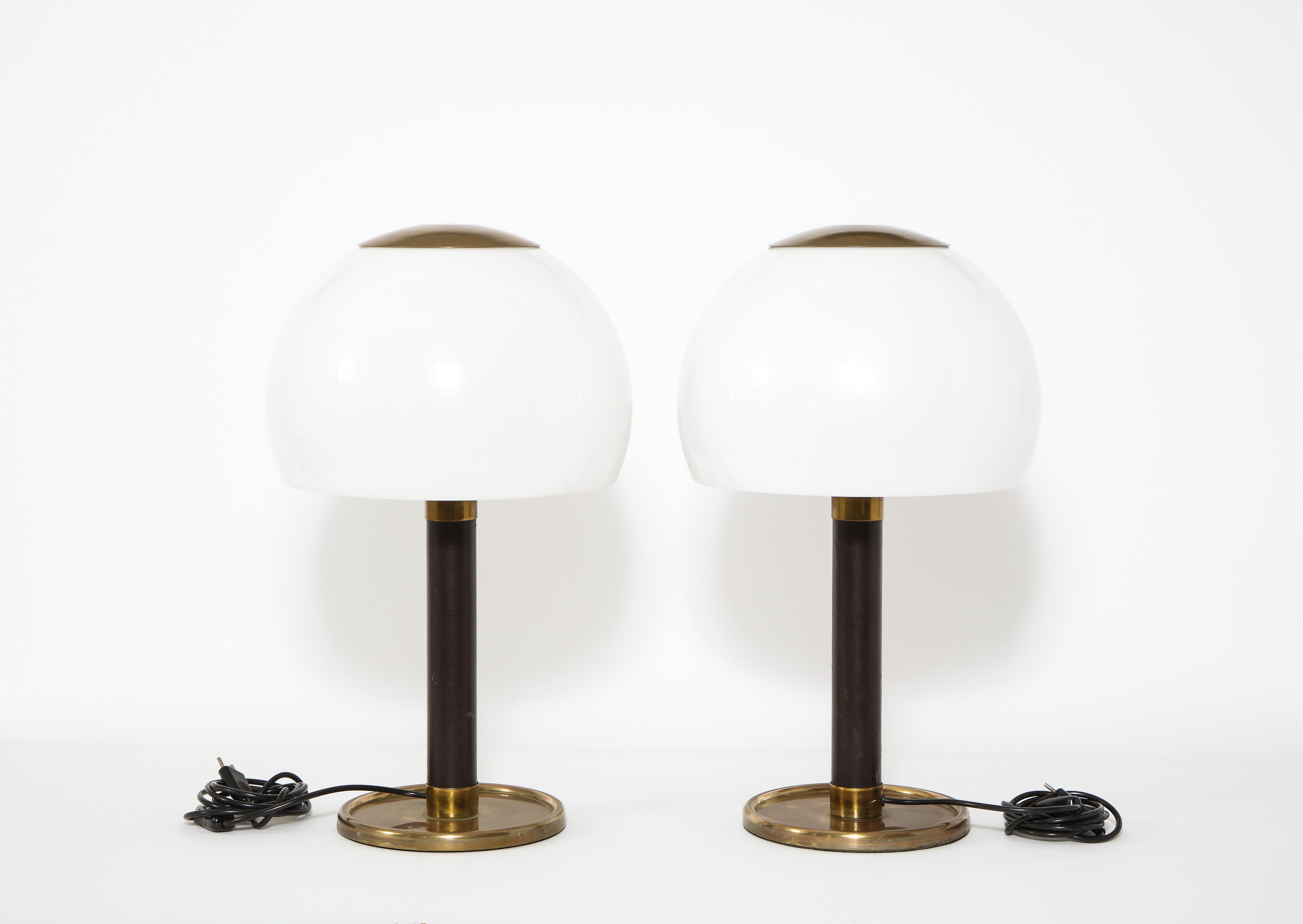 Spanish Pair of Brass & Leather Table Lamps by Metalarte, Spain, 1960's