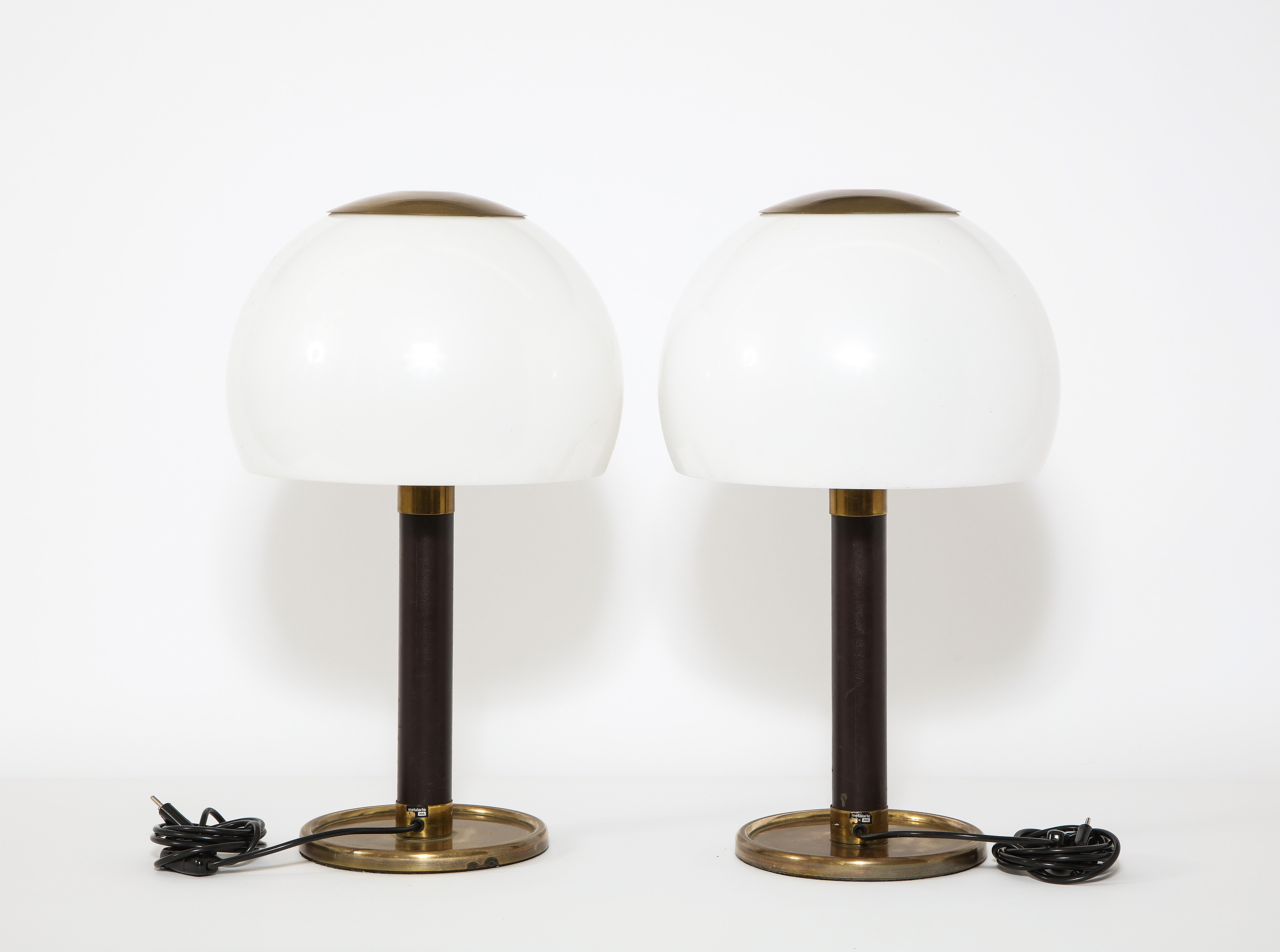 Pair of Brass & Leather Table Lamps by Metalarte, Spain, 1960's In Good Condition In New York, NY