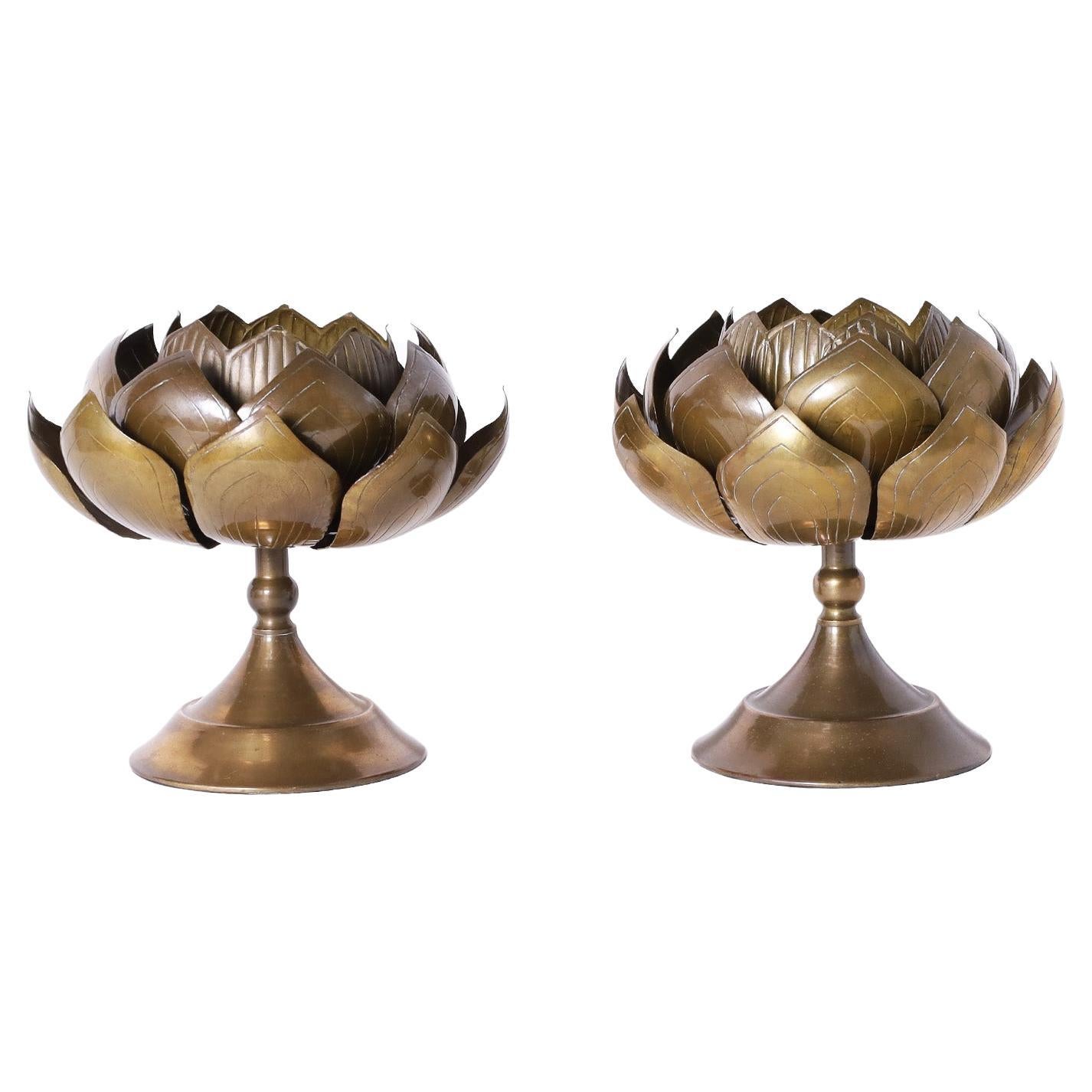 Pair of Brass Lotus Candlesticks by Feldman For Sale