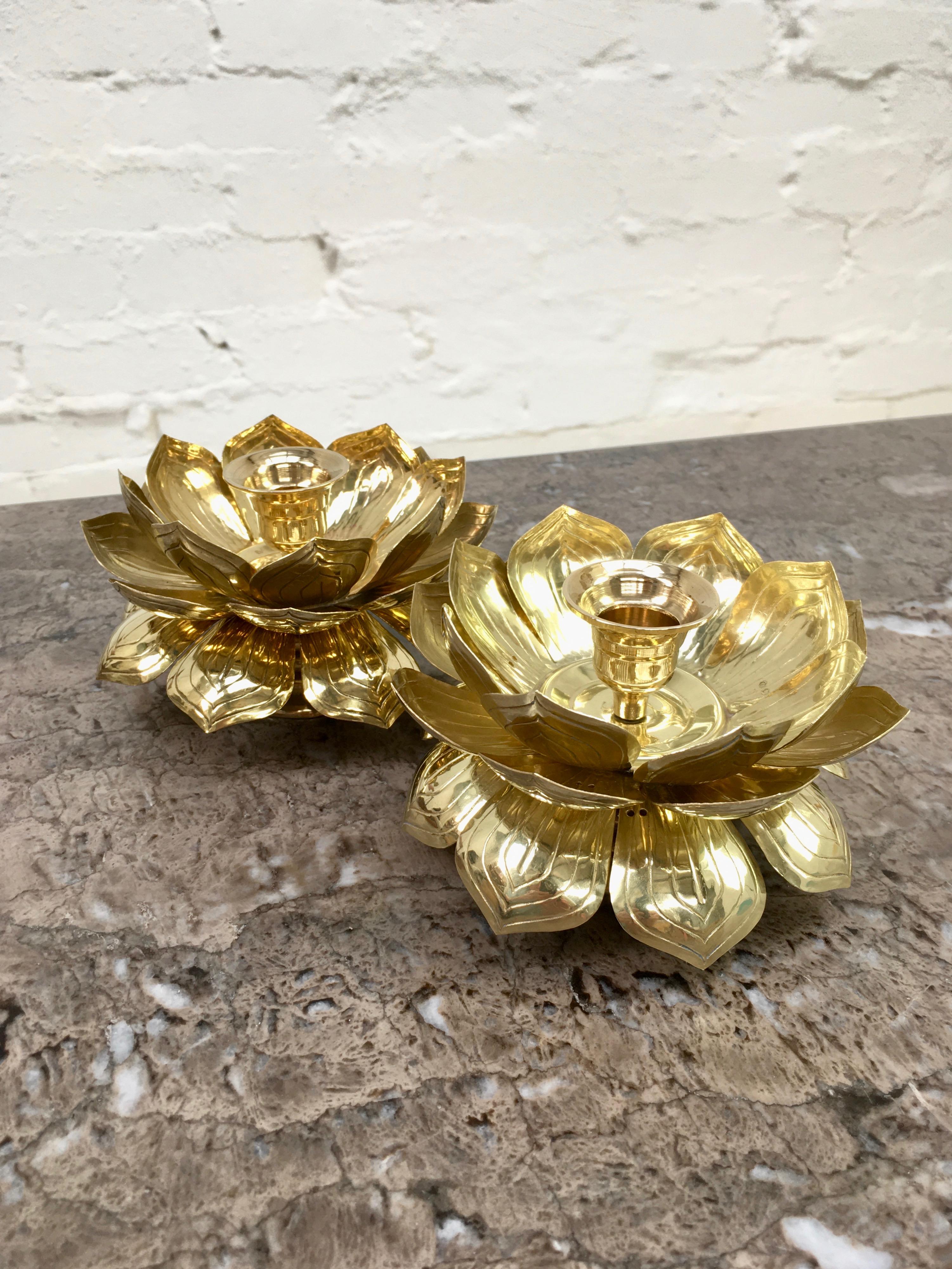 Pair of Brass Lotus Flower Candleholders by Feldman, 1960s In Good Condition In Melbourne, AU