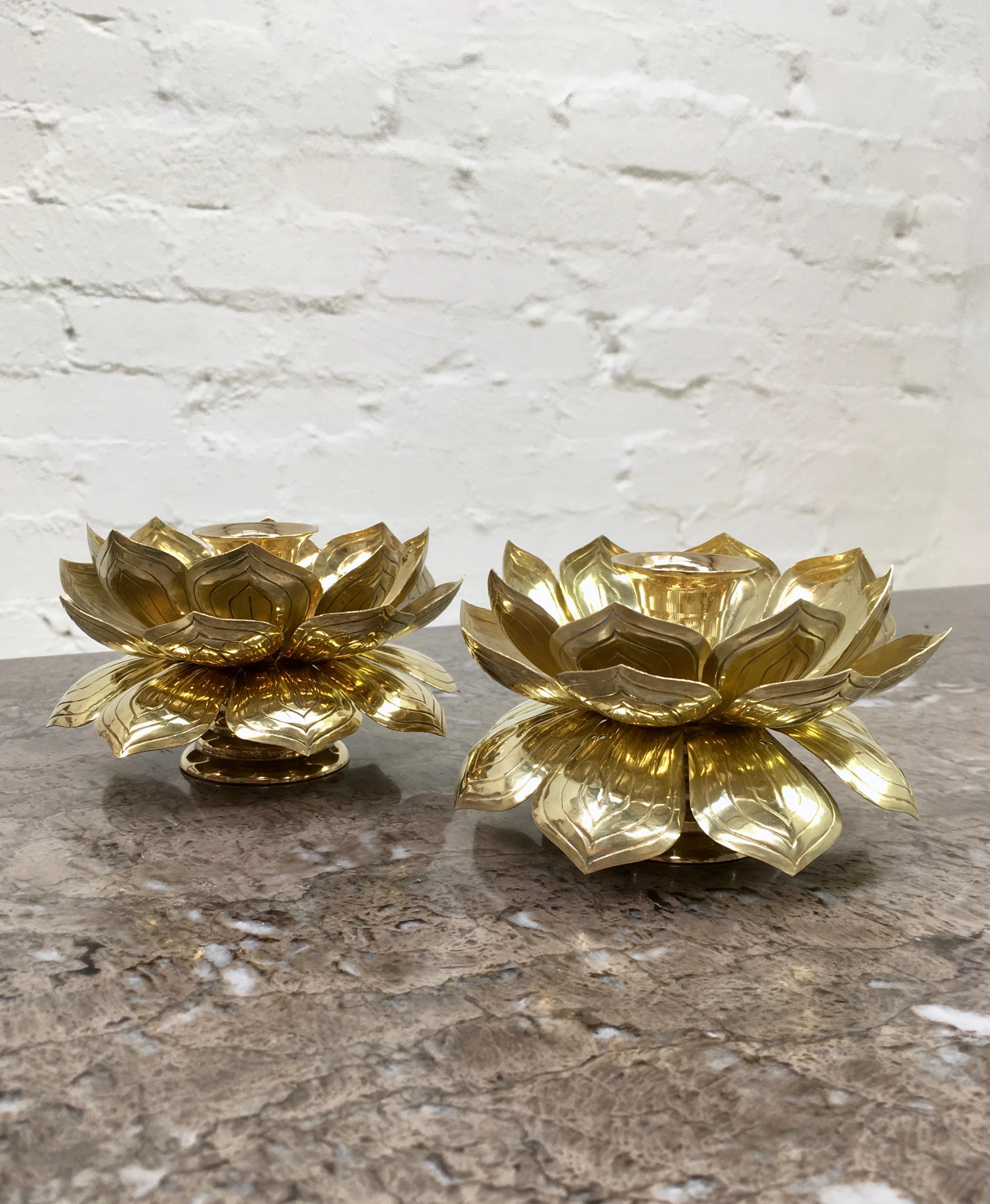 Pair of Brass Lotus Flower Candleholders by Feldman, 1960s 1