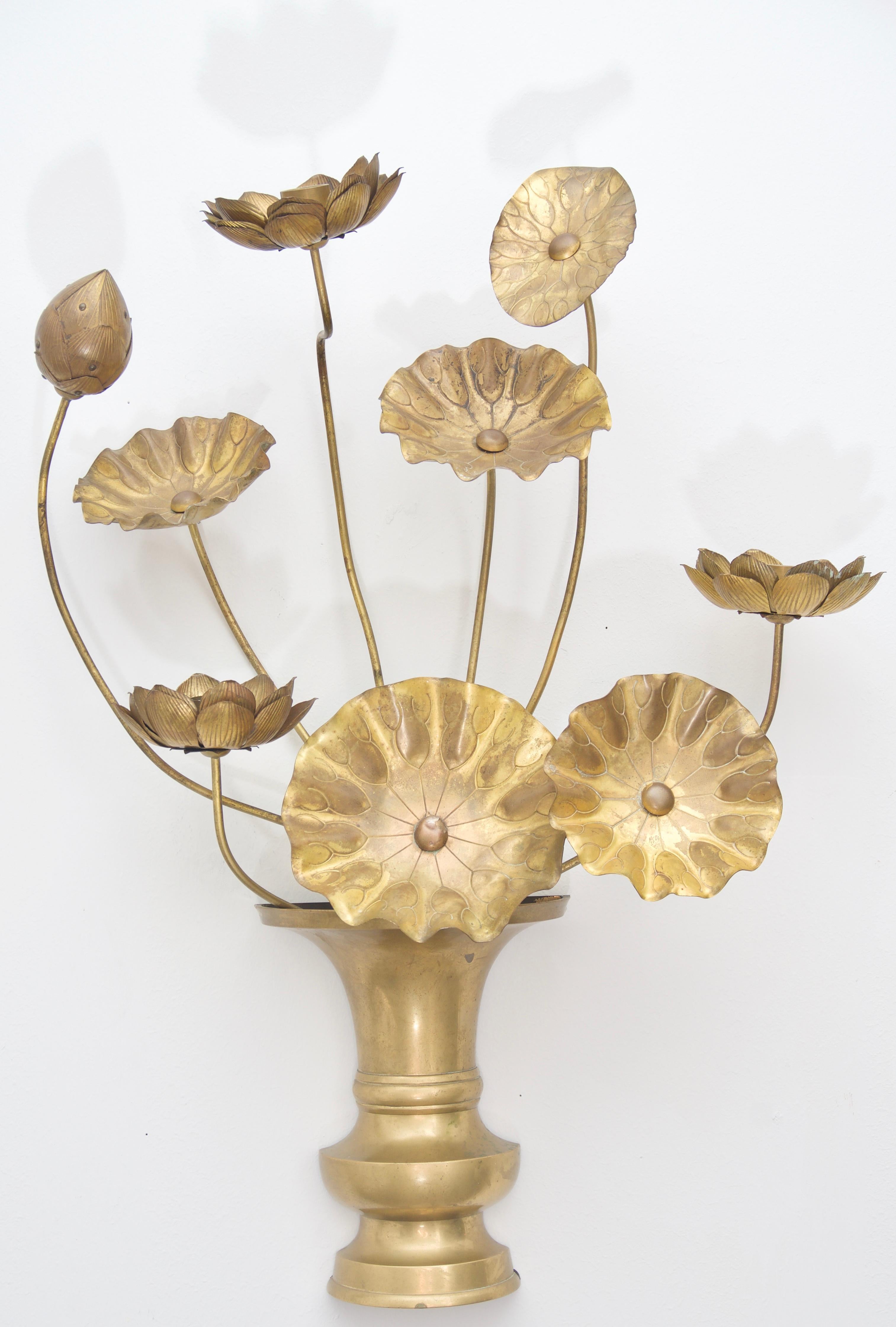 Hollywood Regency Pair of Brass Lotus Flower Wall Sconces