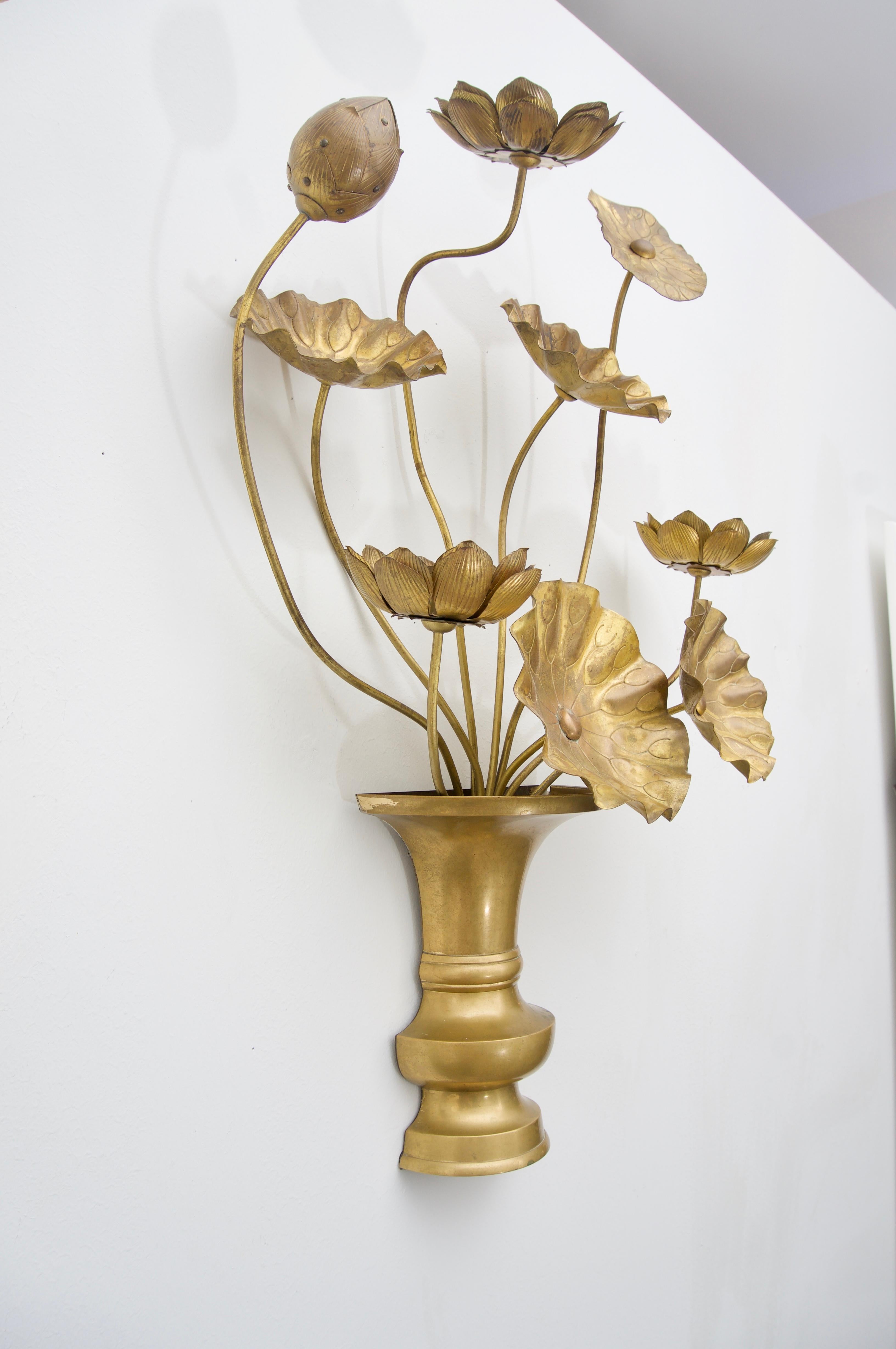 American Pair of Brass Lotus Flower Wall Sconces