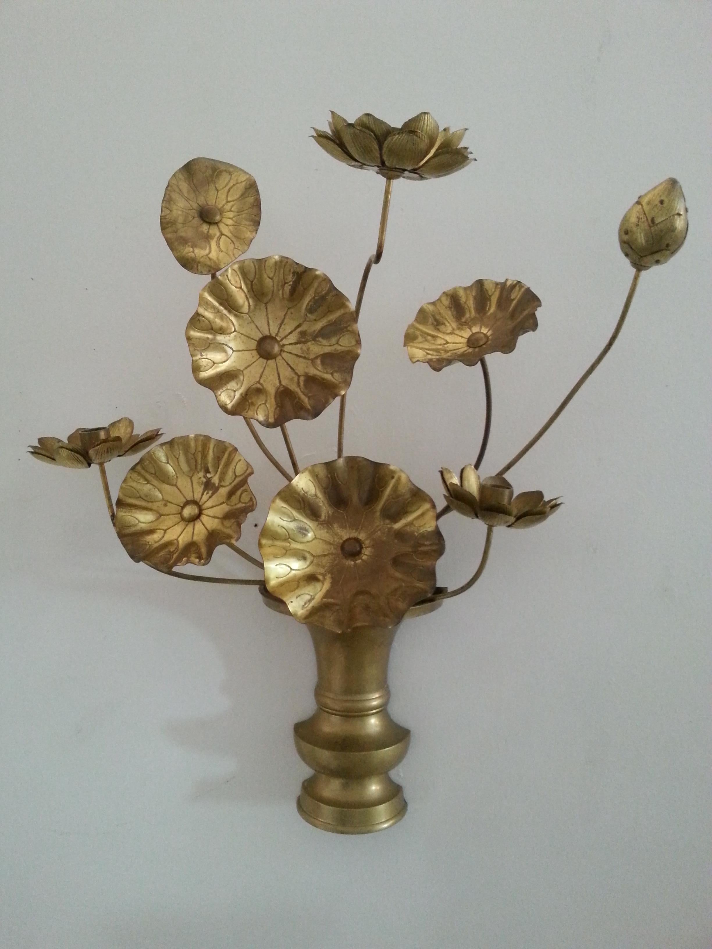 Cast Pair of Brass Lotus Flower Wall Sconces