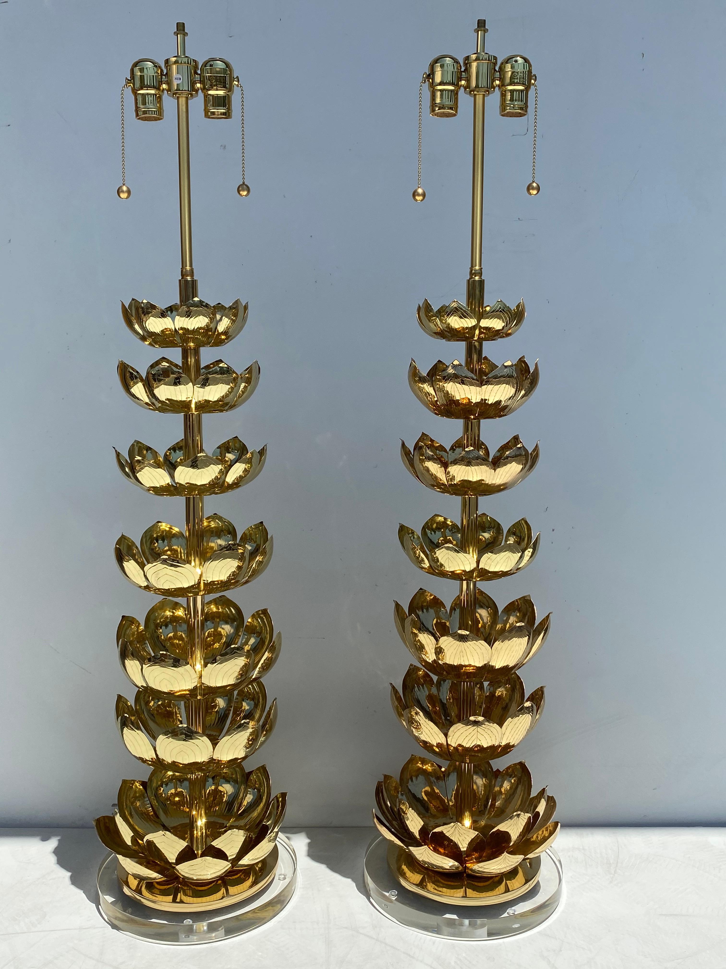 Pair of brass lotus lamps. Newly polished, rewired and mounted on 10
