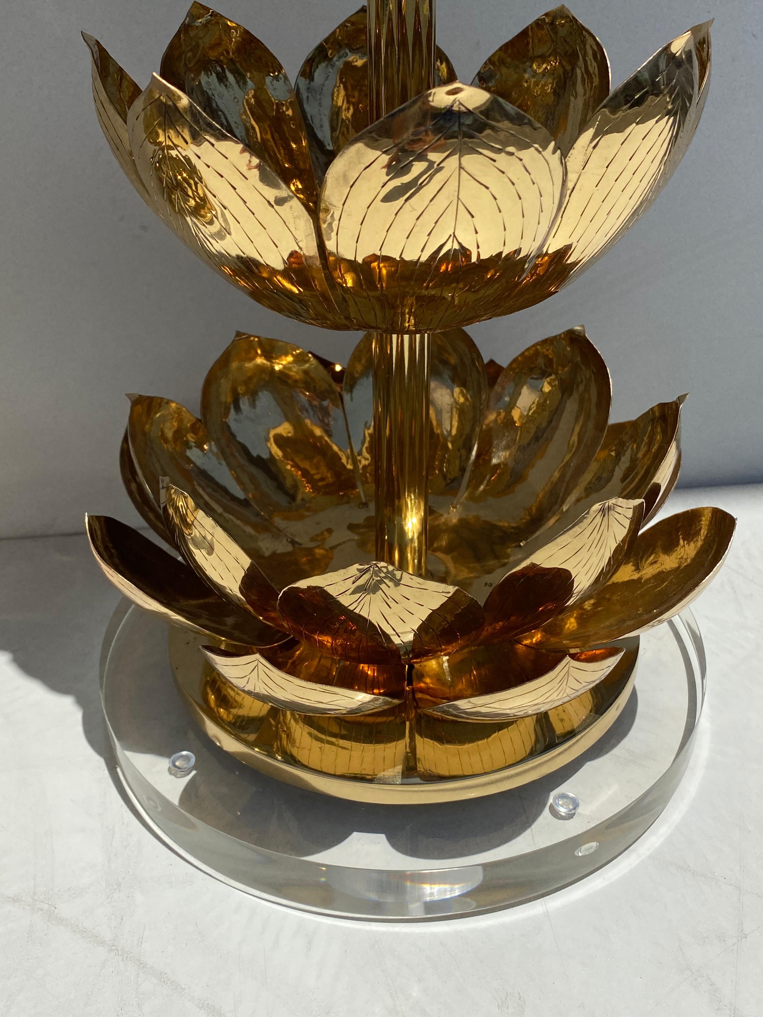Hollywood Regency Pair of Brass Lotus Lamps