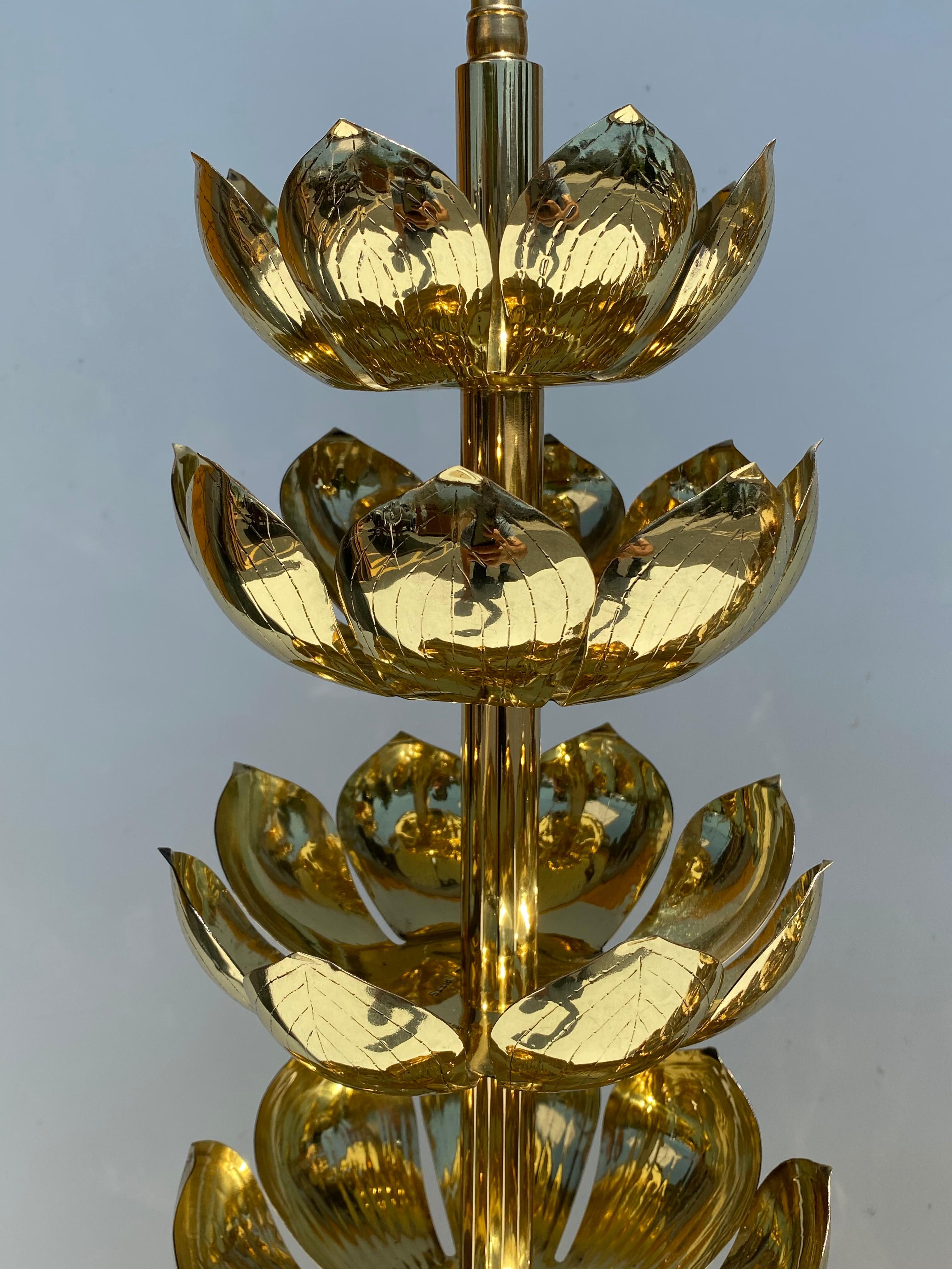 Polished Pair of Brass Lotus Lamps