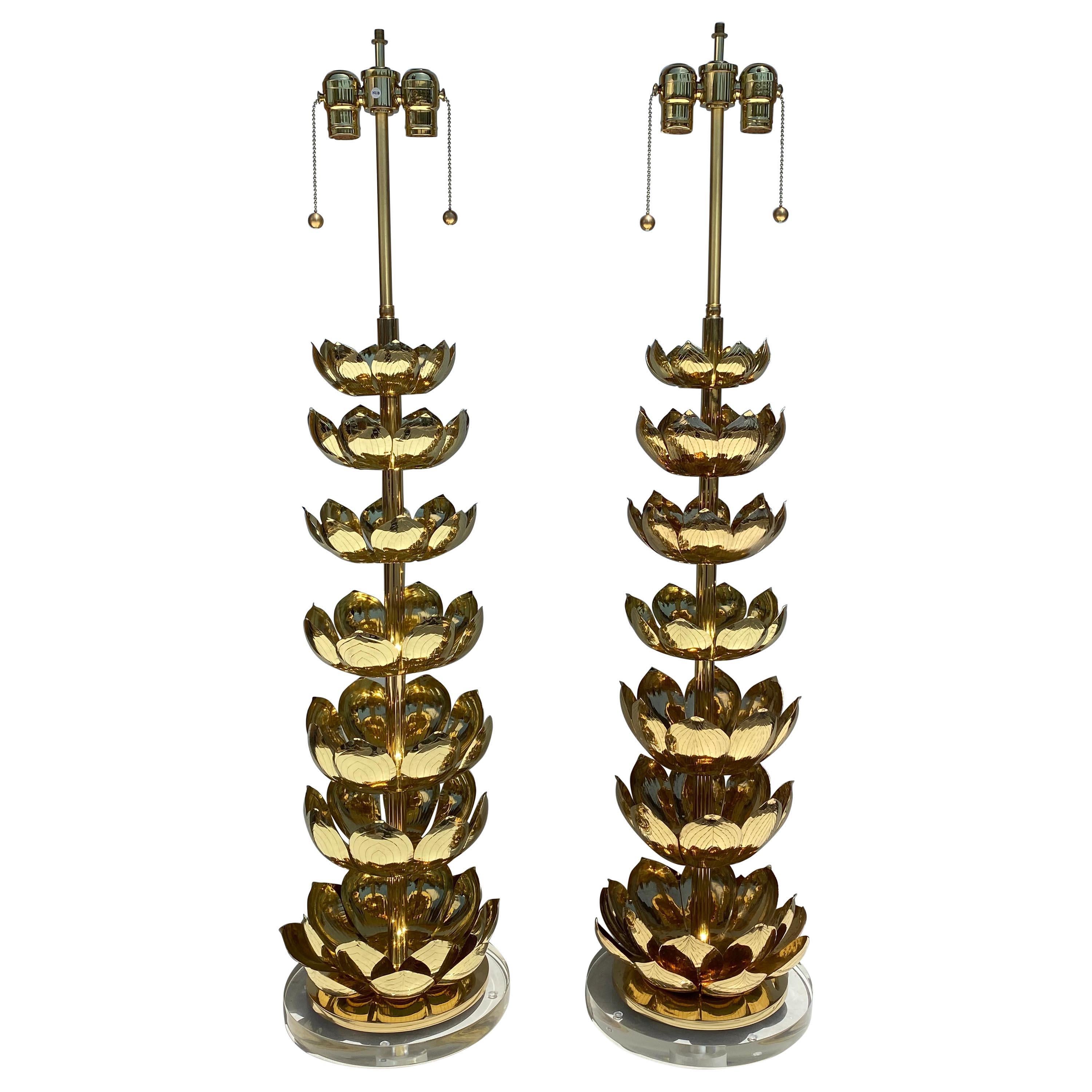 Pair of Brass Lotus Lamps