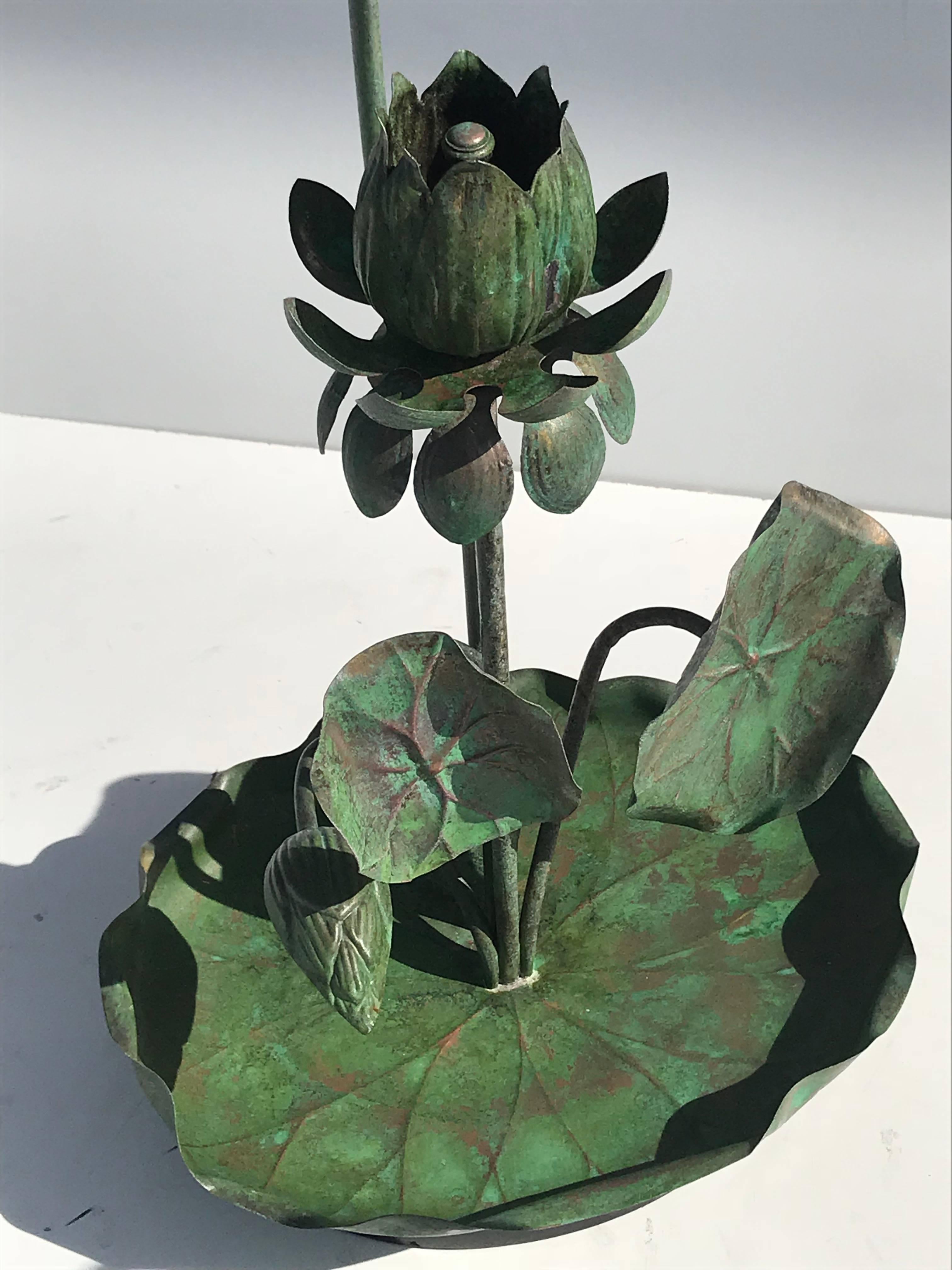 Pair of Brass Lotus Lamps in Verdigris Patina 6