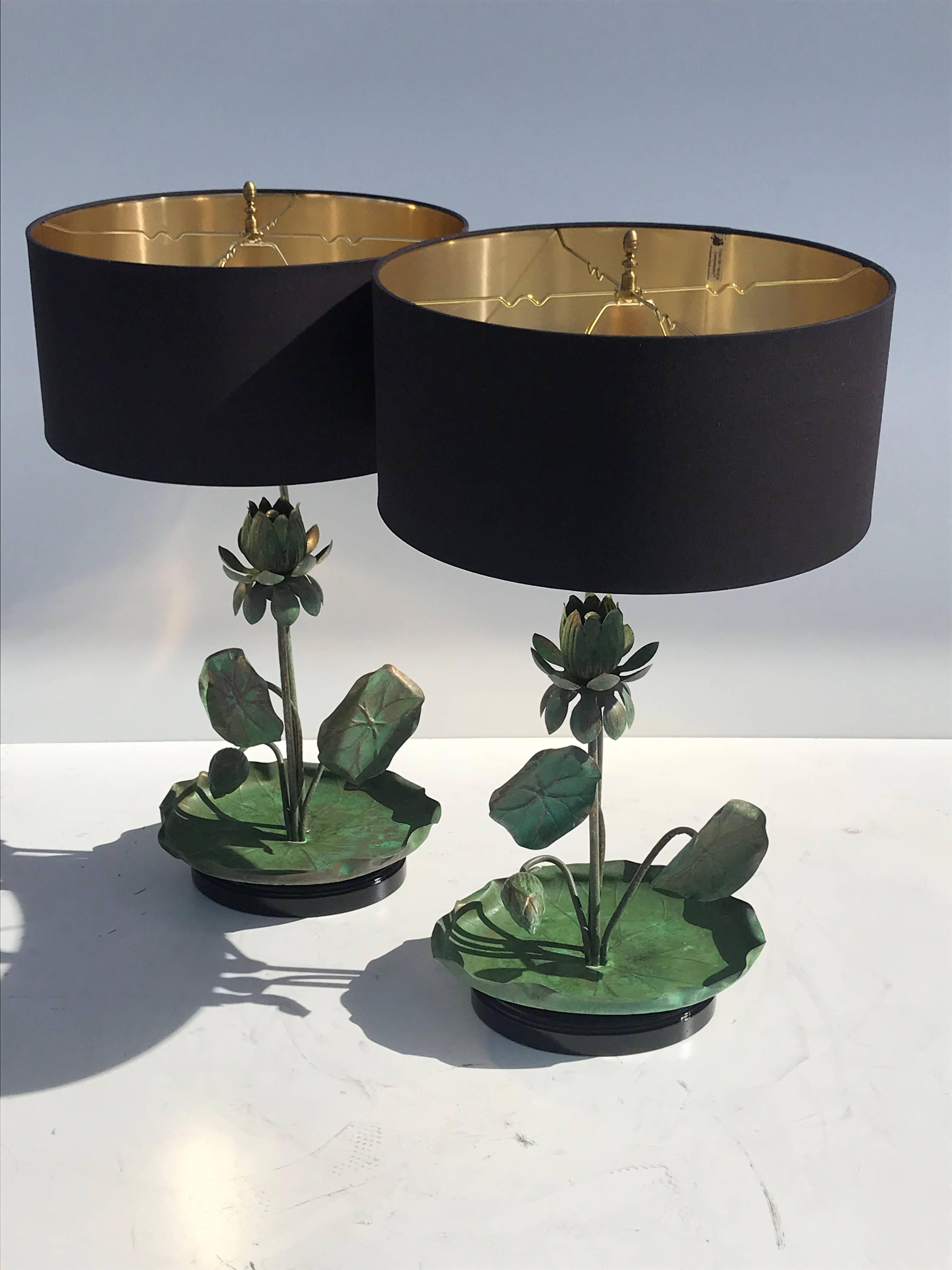 Pair of brass lotus lamps in verdigris patina. Lampshades are extra $150 each and are 18