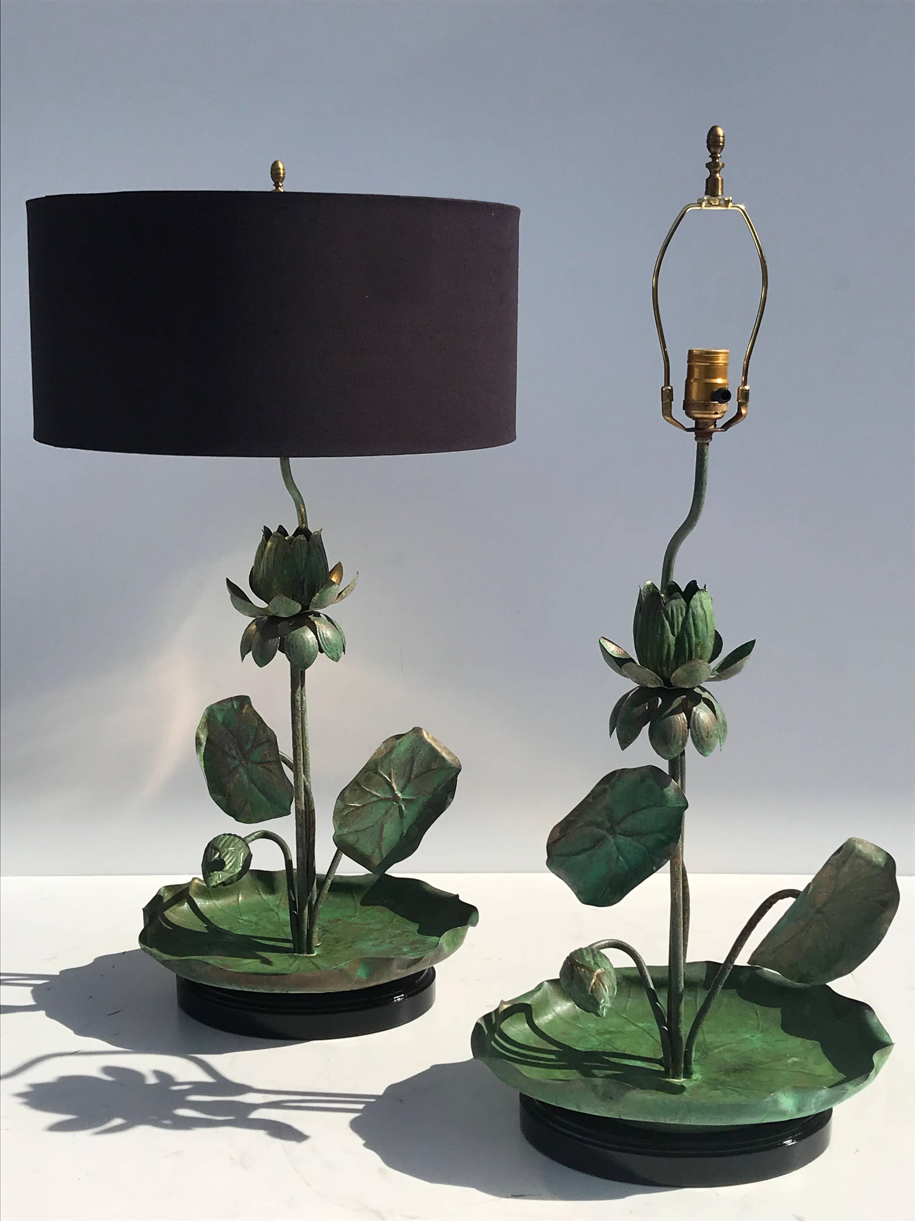 Pair of Brass Lotus Lamps in Verdigris Patina 2