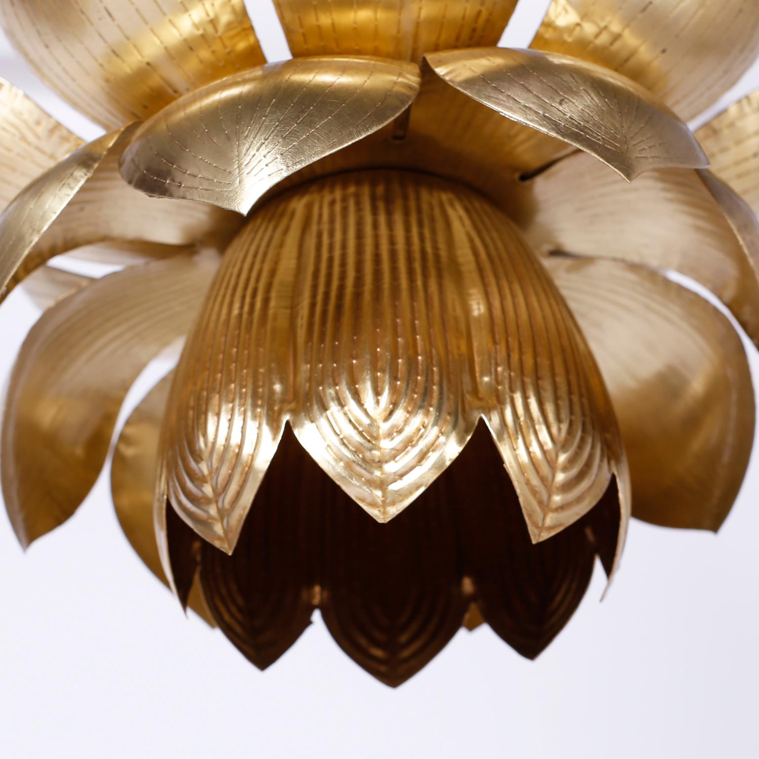 Hong Kong Pair of Brass Lotus Pendants or Light Fixtures, Priced Individually For Sale