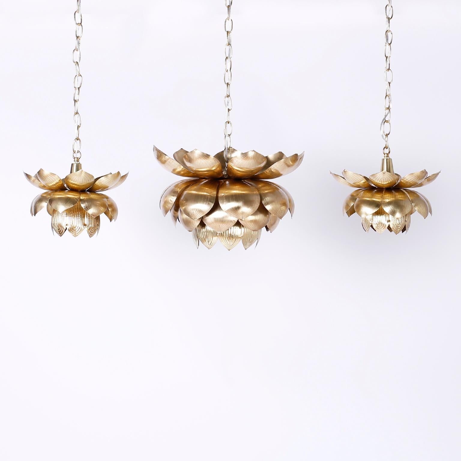 Polished Pair of Brass Lotus Pendants or Light Fixtures, Priced Individually For Sale