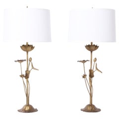 Vintage Pair of Brass Lotus Table Lamps