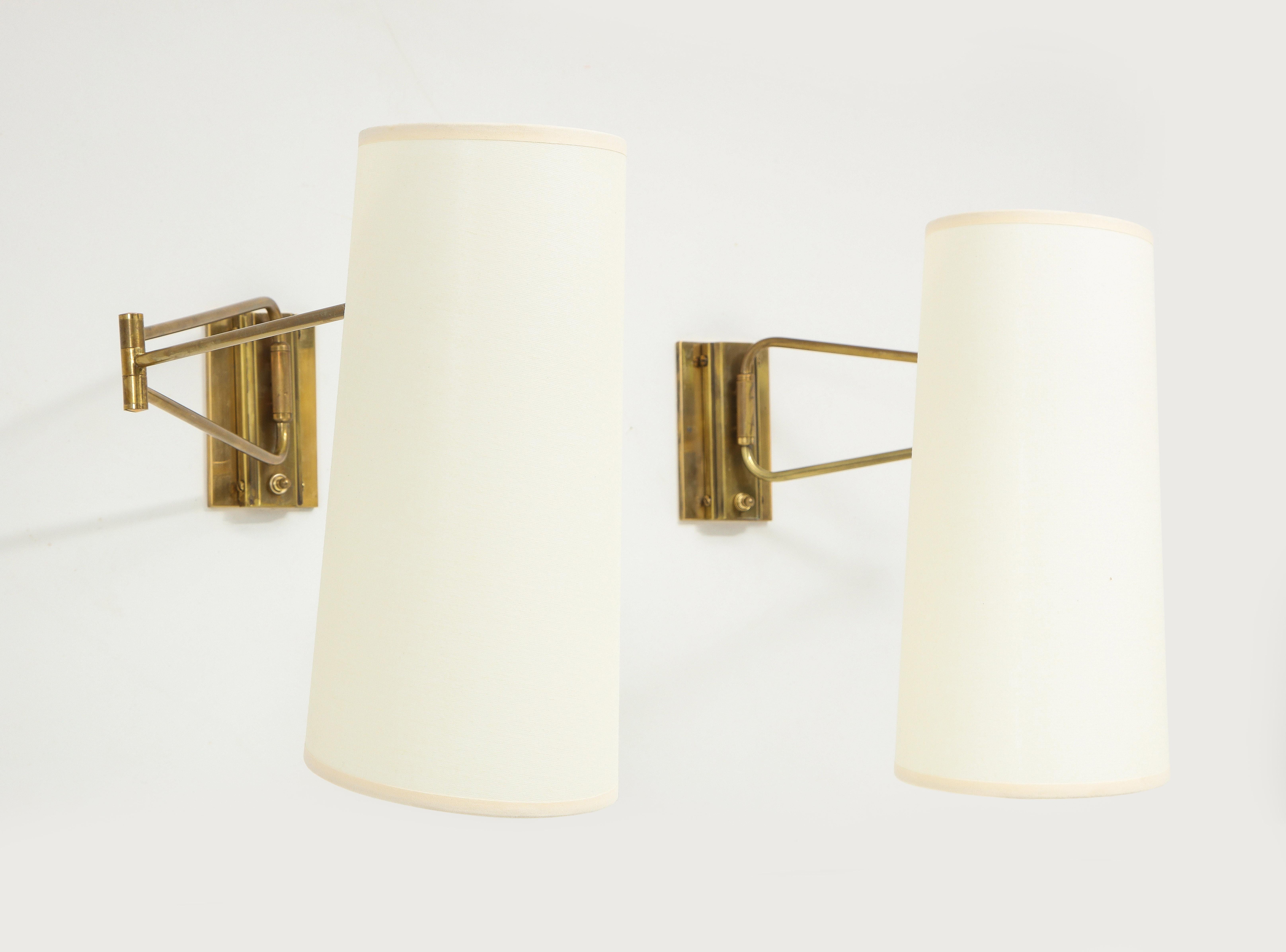 Pair of Brass Lunel Swingarm Sconces with Paper Shades, France 1960's For Sale 4