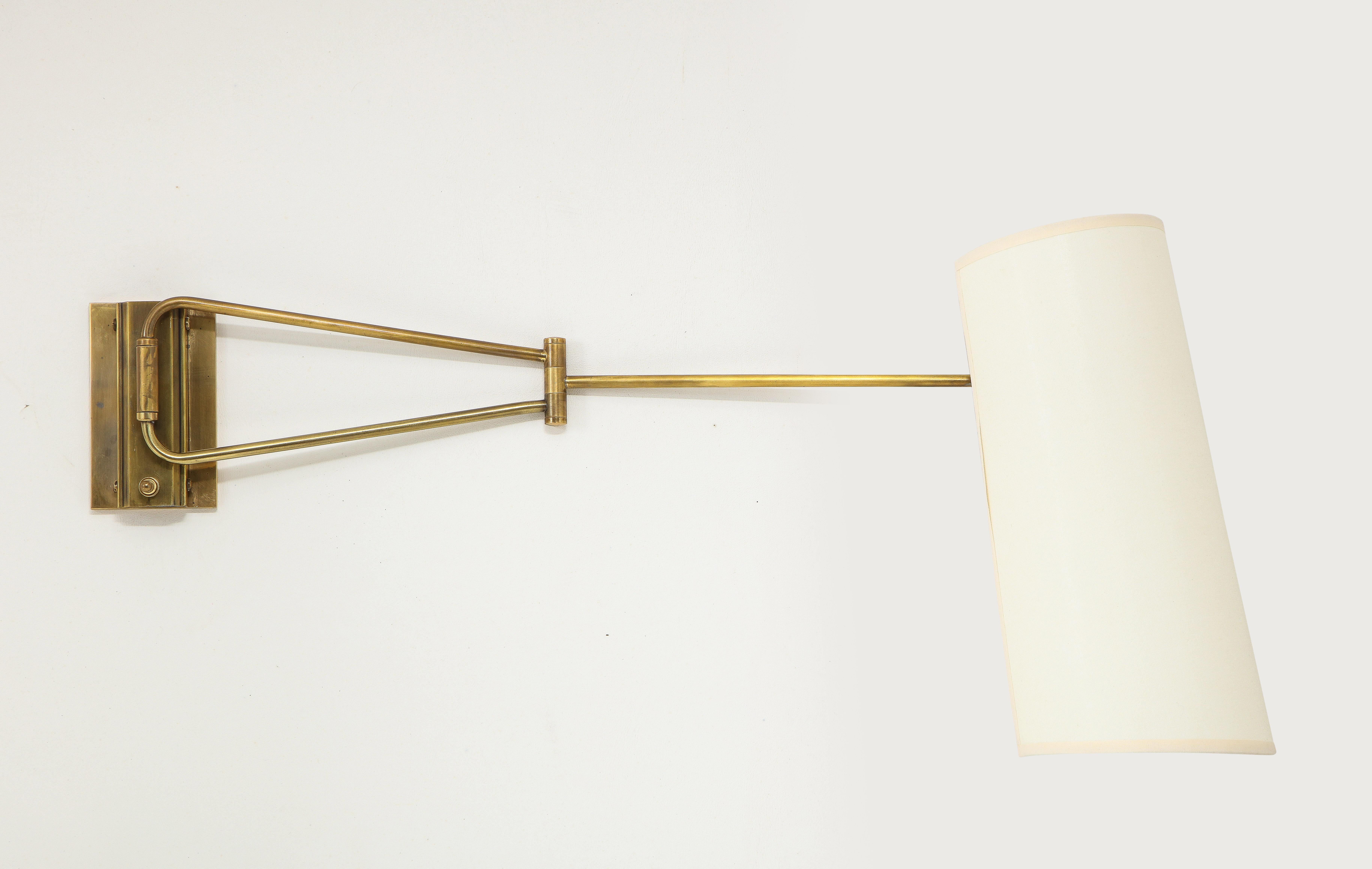Pair of Brass Lunel Swingarm Sconces with Paper Shades, France 1960's For Sale 6