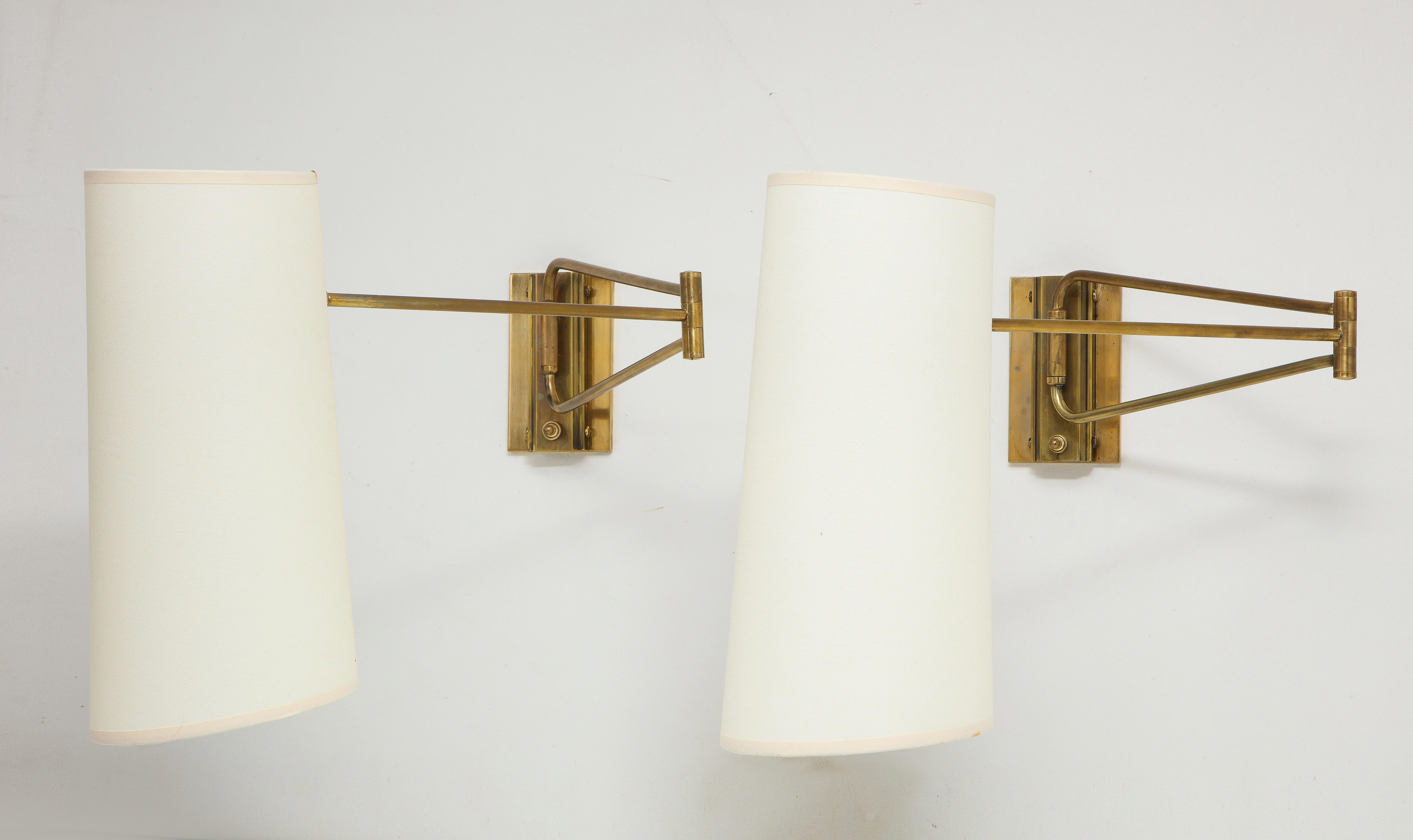 Mid-Century Modern Pair of Brass Lunel Swingarm Sconces with Paper Shades, France 1960's For Sale
