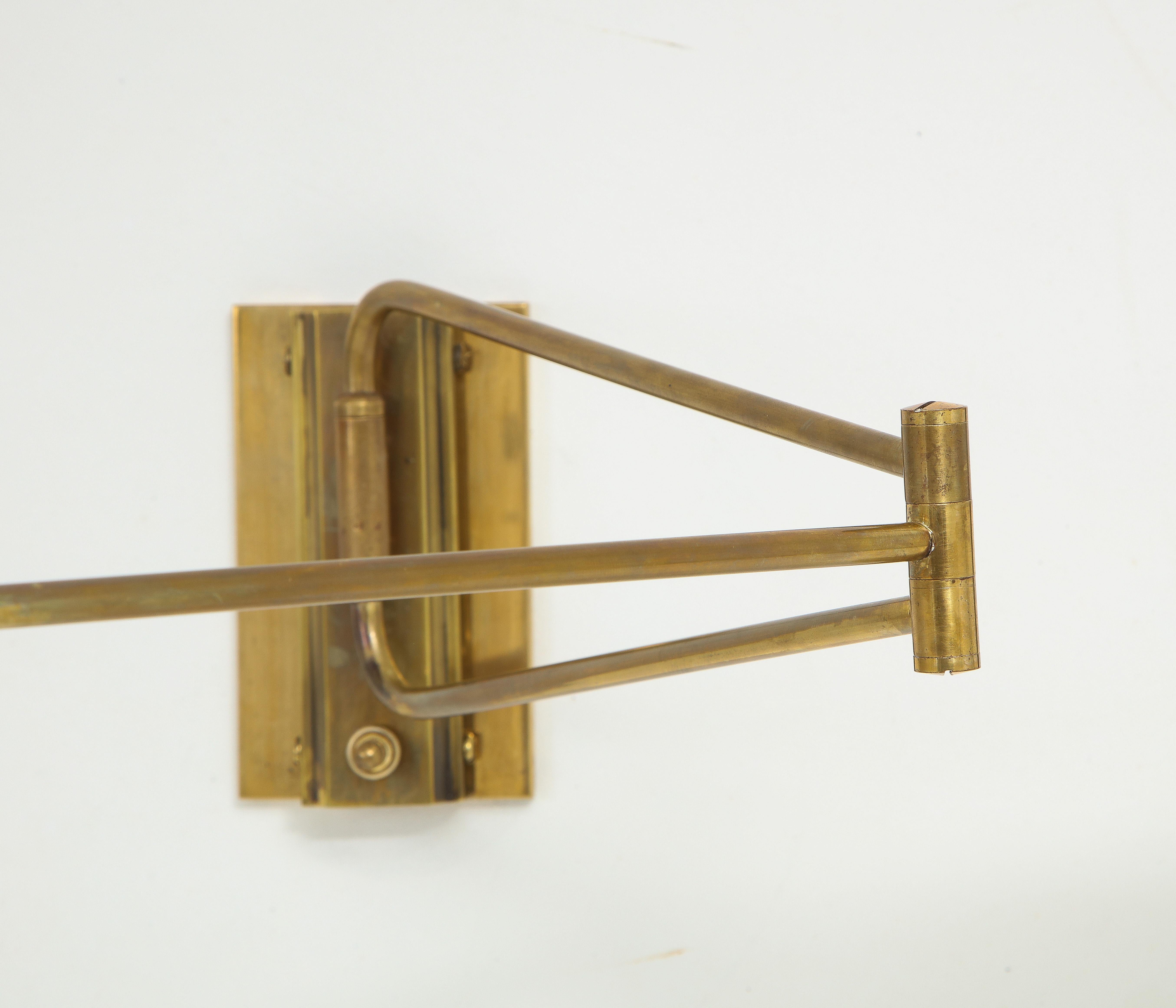 French Pair of Brass Lunel Swingarm Sconces with Paper Shades, France 1960's For Sale