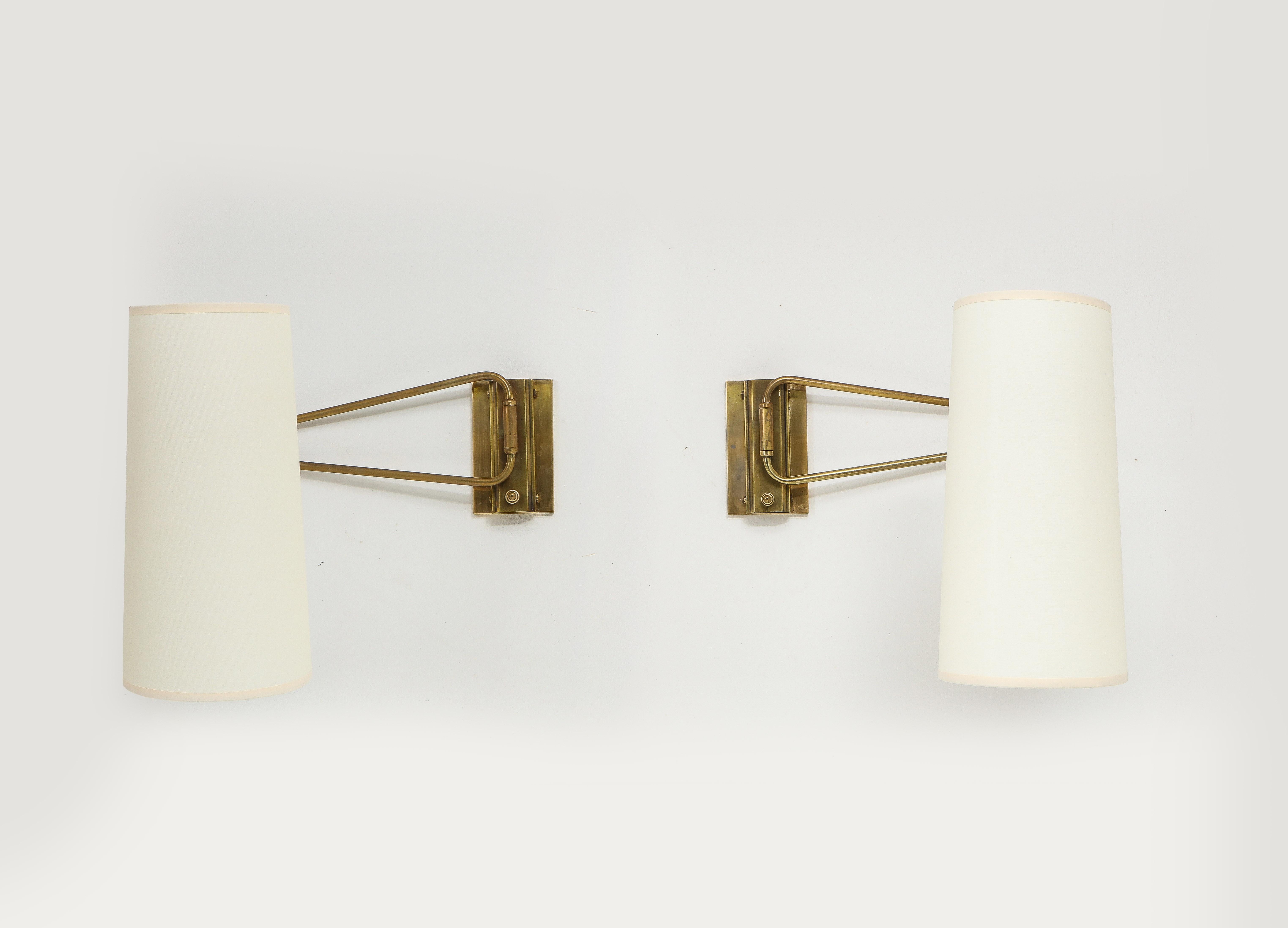 Pair of Brass Lunel Swingarm Sconces with Paper Shades, France 1960's For Sale 1