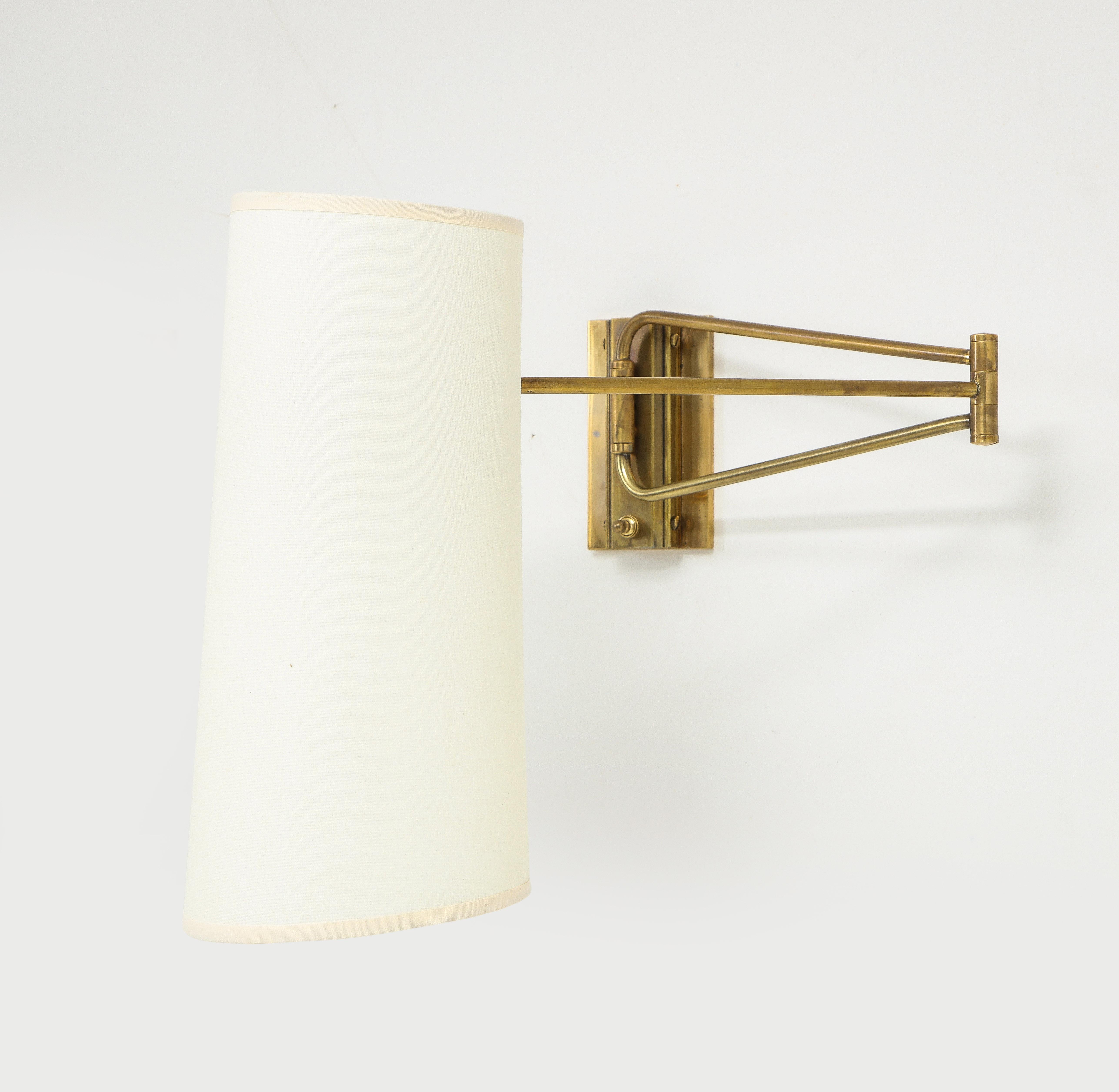Pair of Brass Lunel Swingarm Sconces with Paper Shades, France 1960's For Sale 2