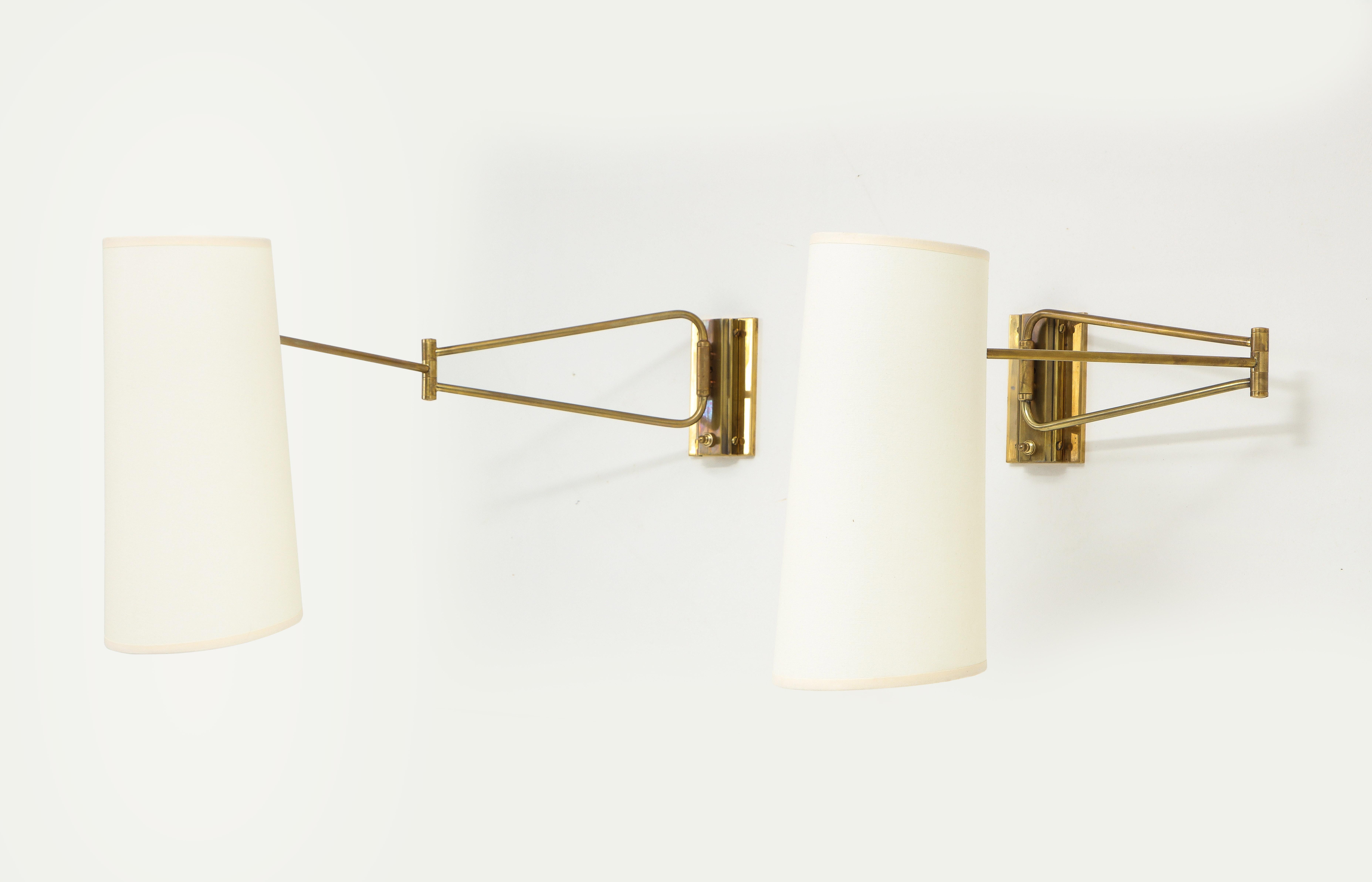 Pair of Brass Lunel Swingarm Sconces with Paper Shades, France 1960's For Sale 3