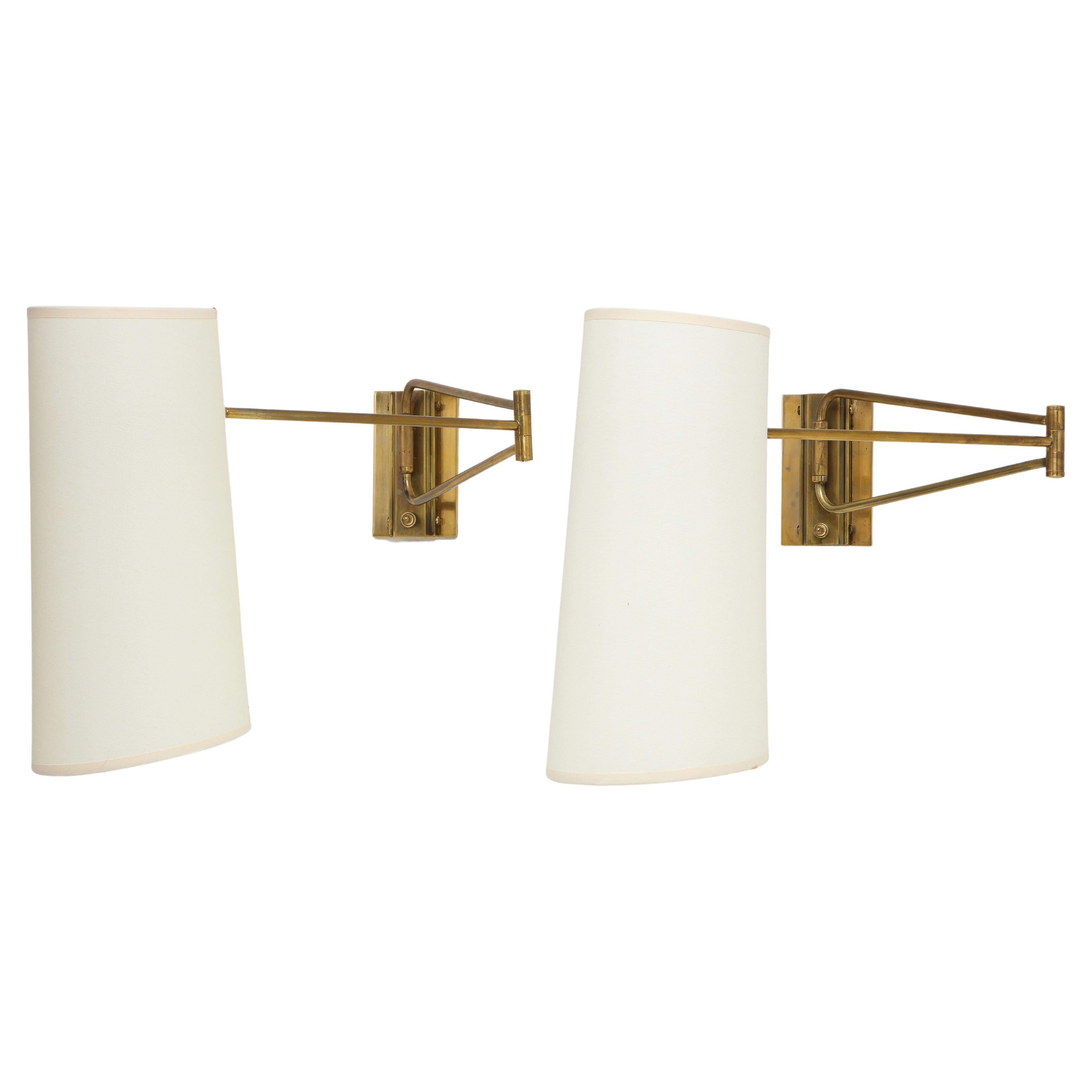 Pair of Brass Lunel Swingarm Sconces with Paper Shades, France 1960's