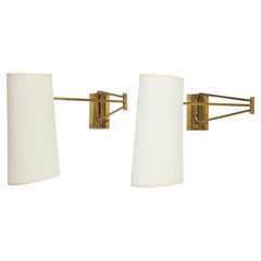Pair of Brass Lunel Swingarm Sconces with Paper Shades, France 1960's