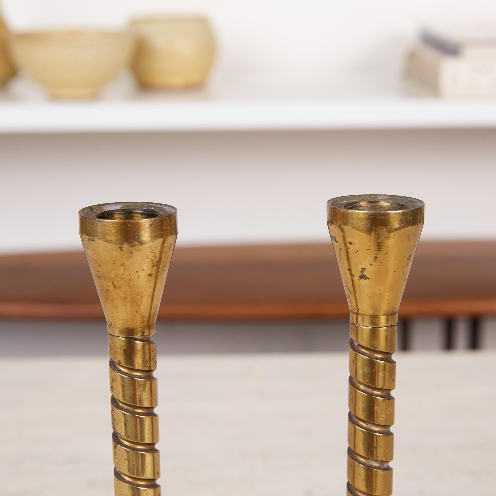 Pair of Brass Machine Age Candlesticks In Excellent Condition In Los Angeles, CA