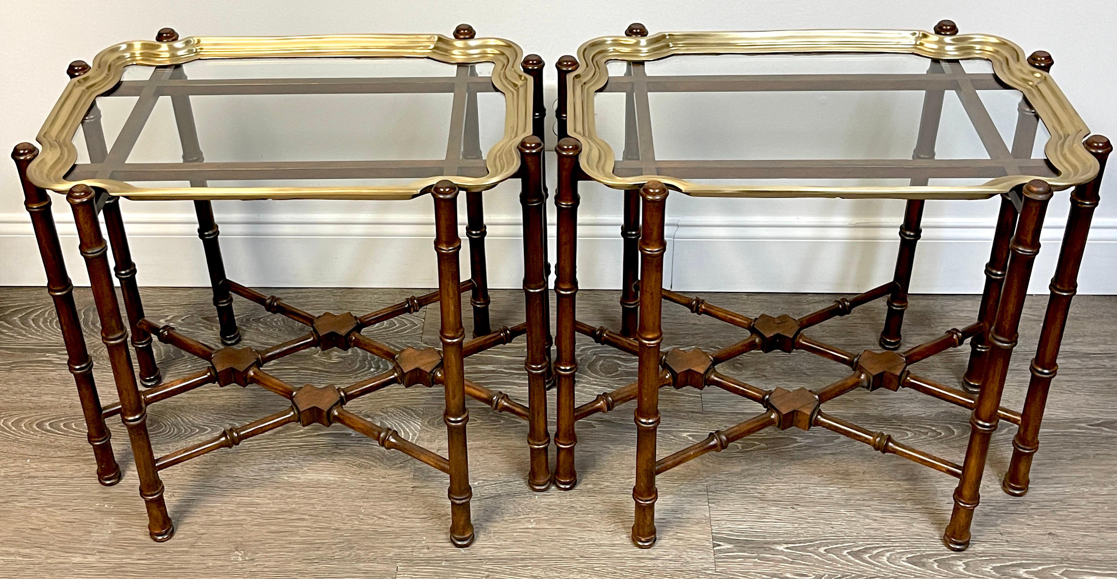 American Pair of Brass & Mahogany Campaign Style Coffee Tables or End Tables For Sale