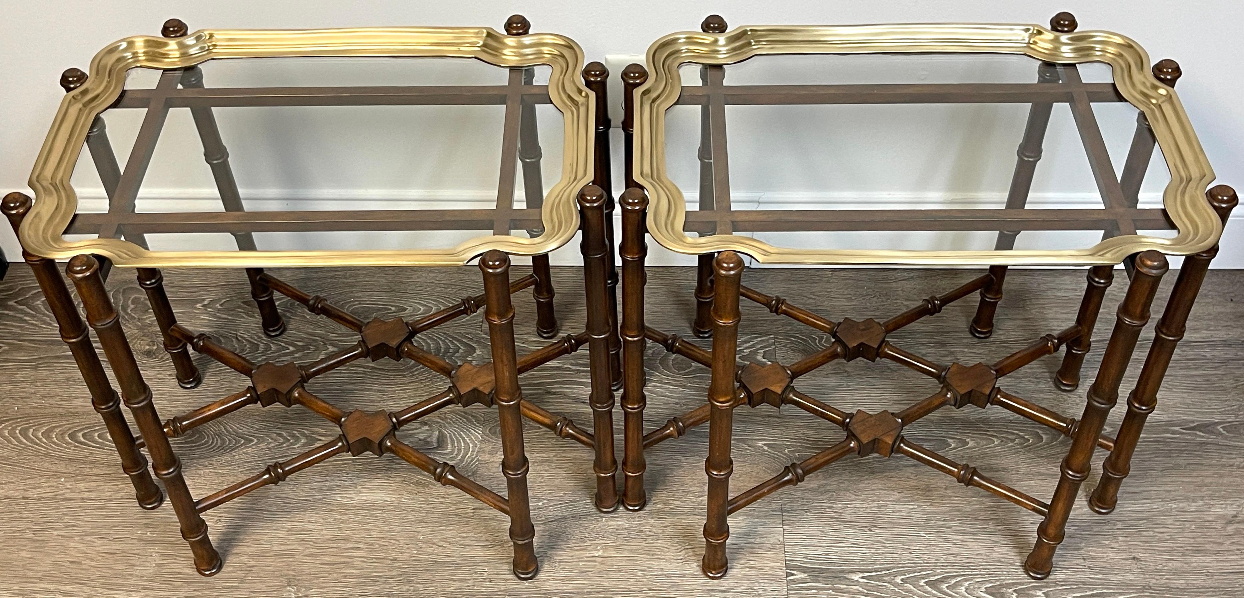 Turned Pair of Brass & Mahogany Campaign Style Coffee Tables or End Tables For Sale
