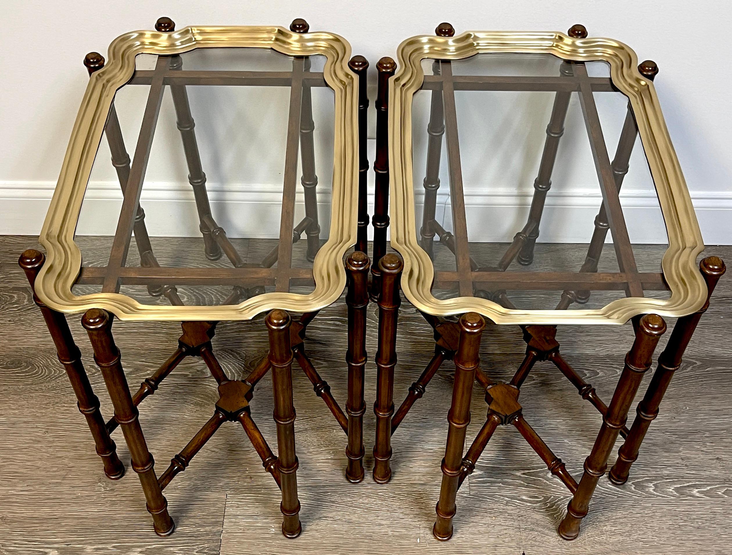 20th Century Pair of Brass & Mahogany Campaign Style Coffee Tables or End Tables For Sale
