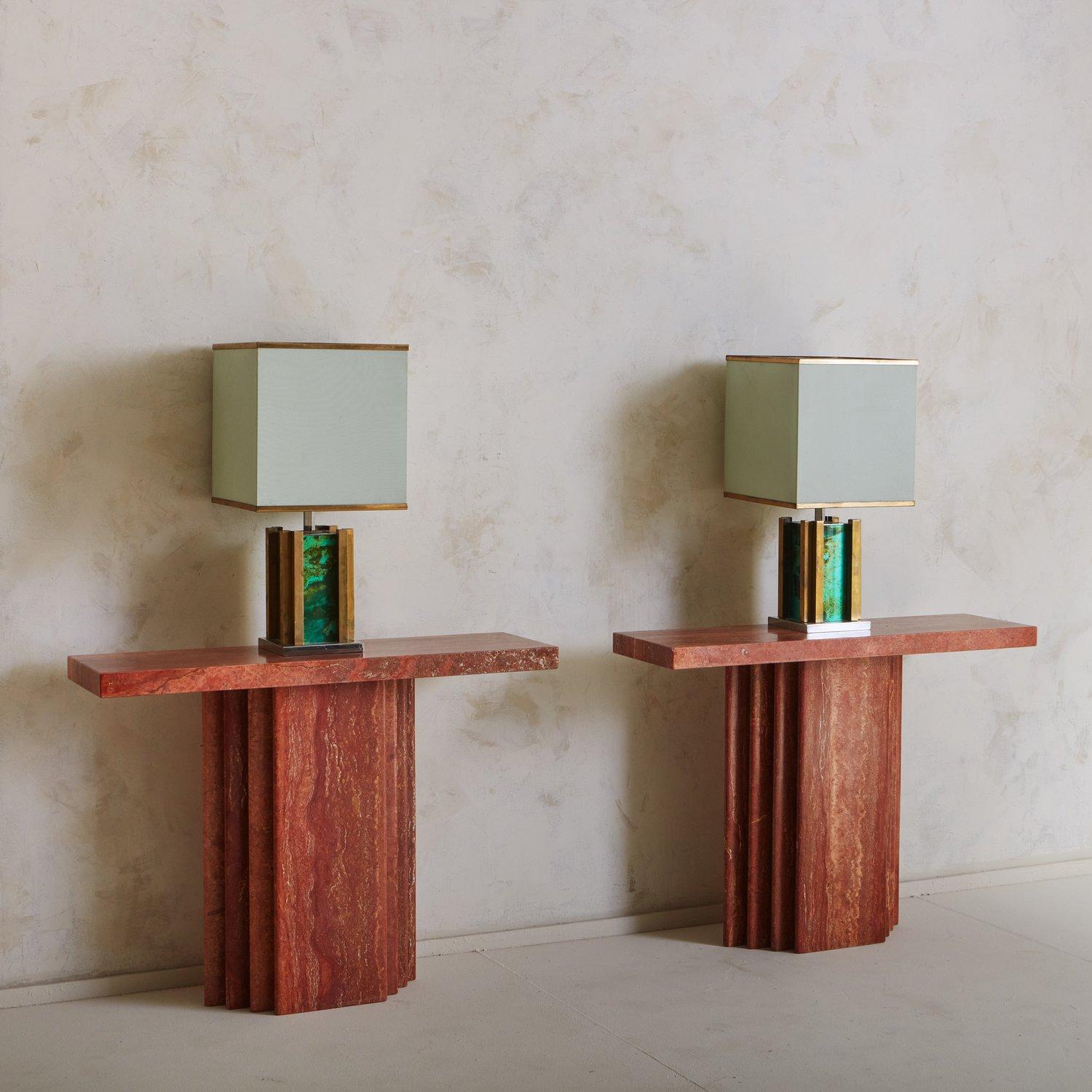 Hollywood Regency Pair of Brass + Marbled Green Glass Table Lamps by Romeo Rega, Italy 1970s