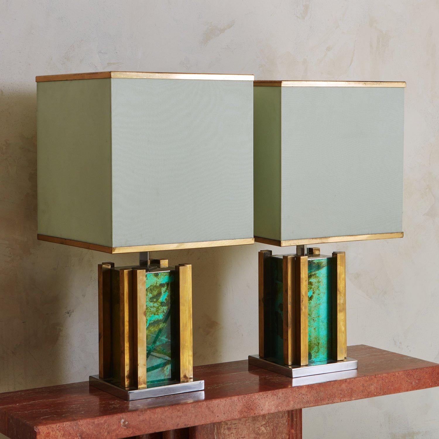 Italian Pair of Brass + Marbled Green Glass Table Lamps by Romeo Rega, Italy 1970s