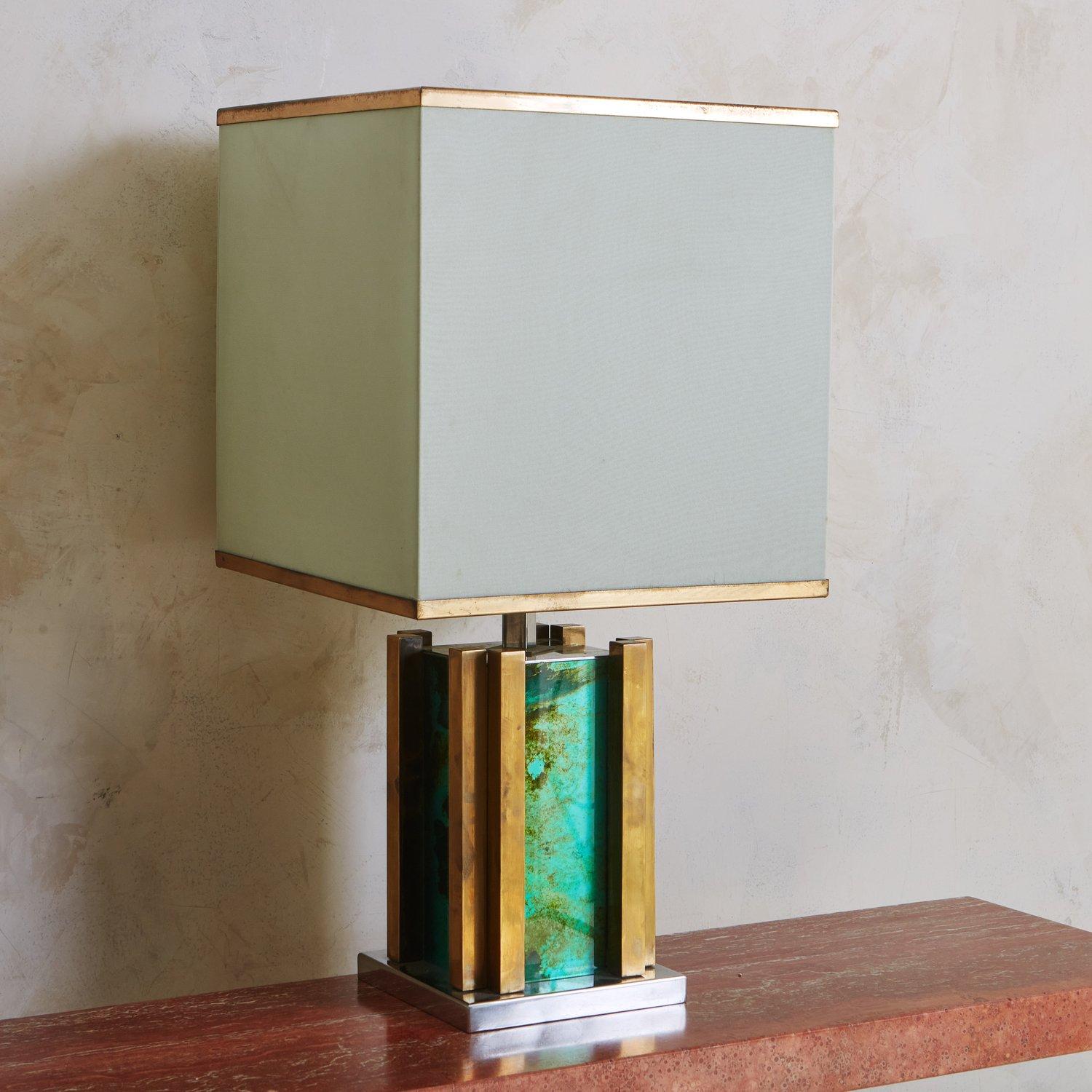 Pair of Brass + Marbled Green Glass Table Lamps by Romeo Rega, Italy 1970s In Good Condition In Chicago, IL