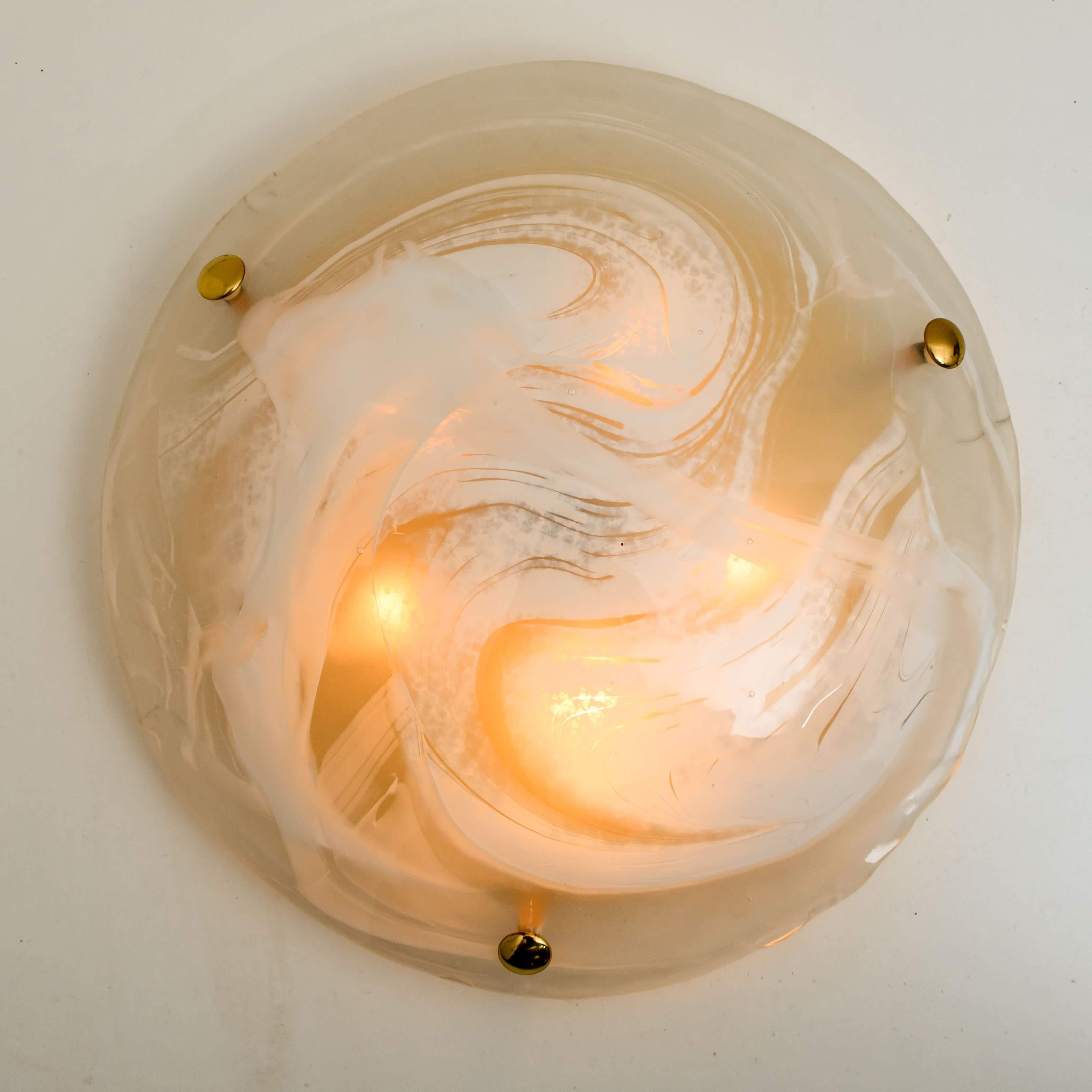 German One Of the Two  Brass Massive Murano Glass Wall Lights or Flush Mounts, 1960